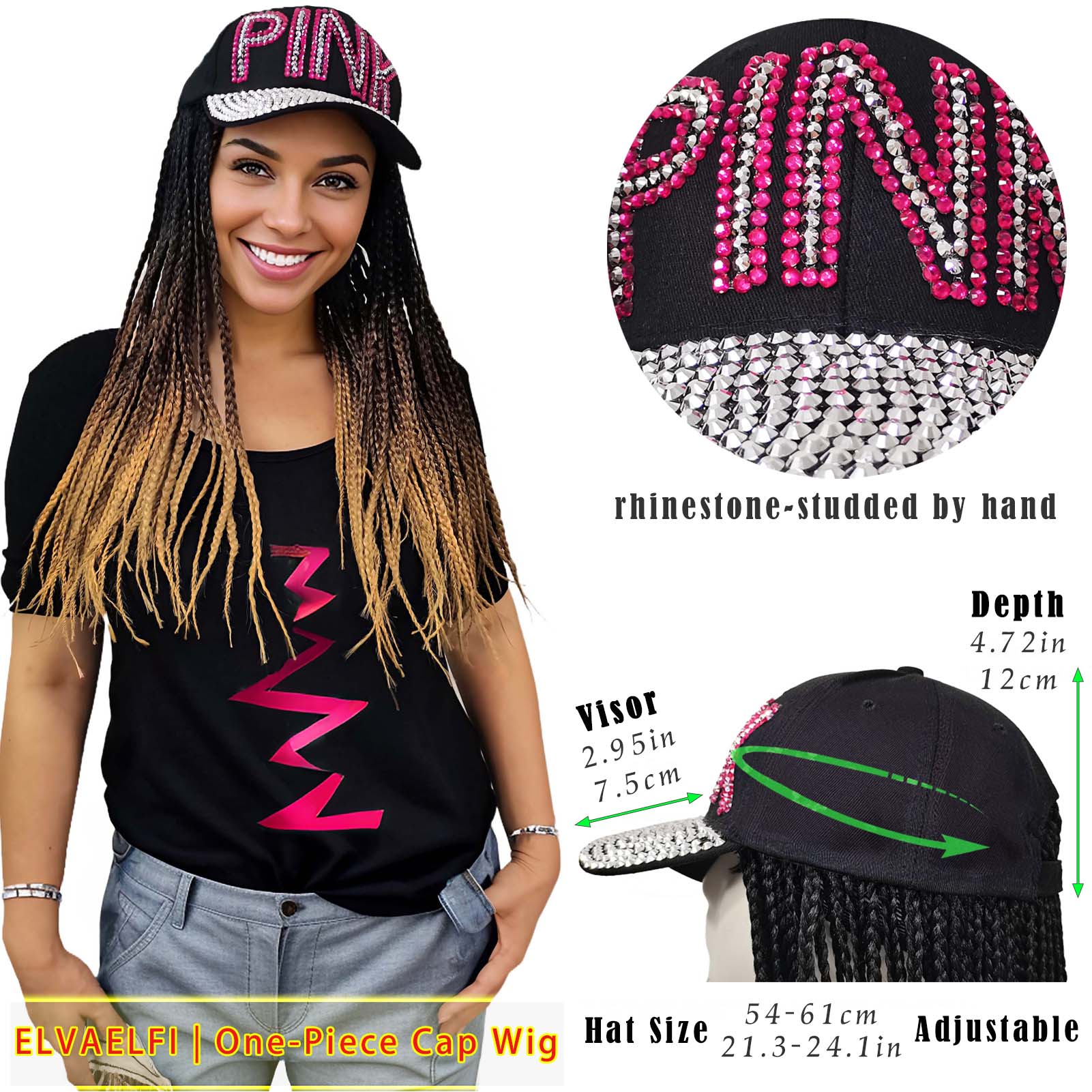 Bling 'Pink' Baseball Cap with 3X Box Braids