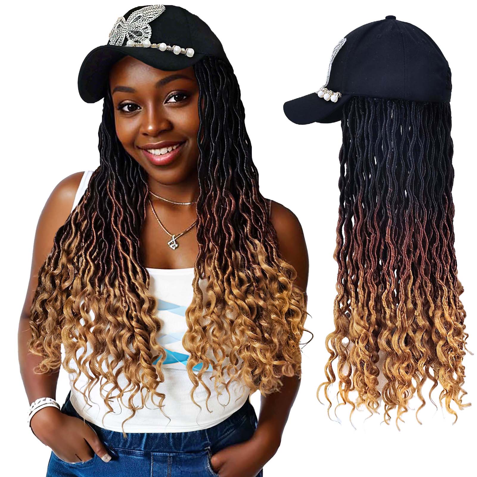 Butterfly Baseball Cap with Goddess Curls Faux Locs Crochet Hair