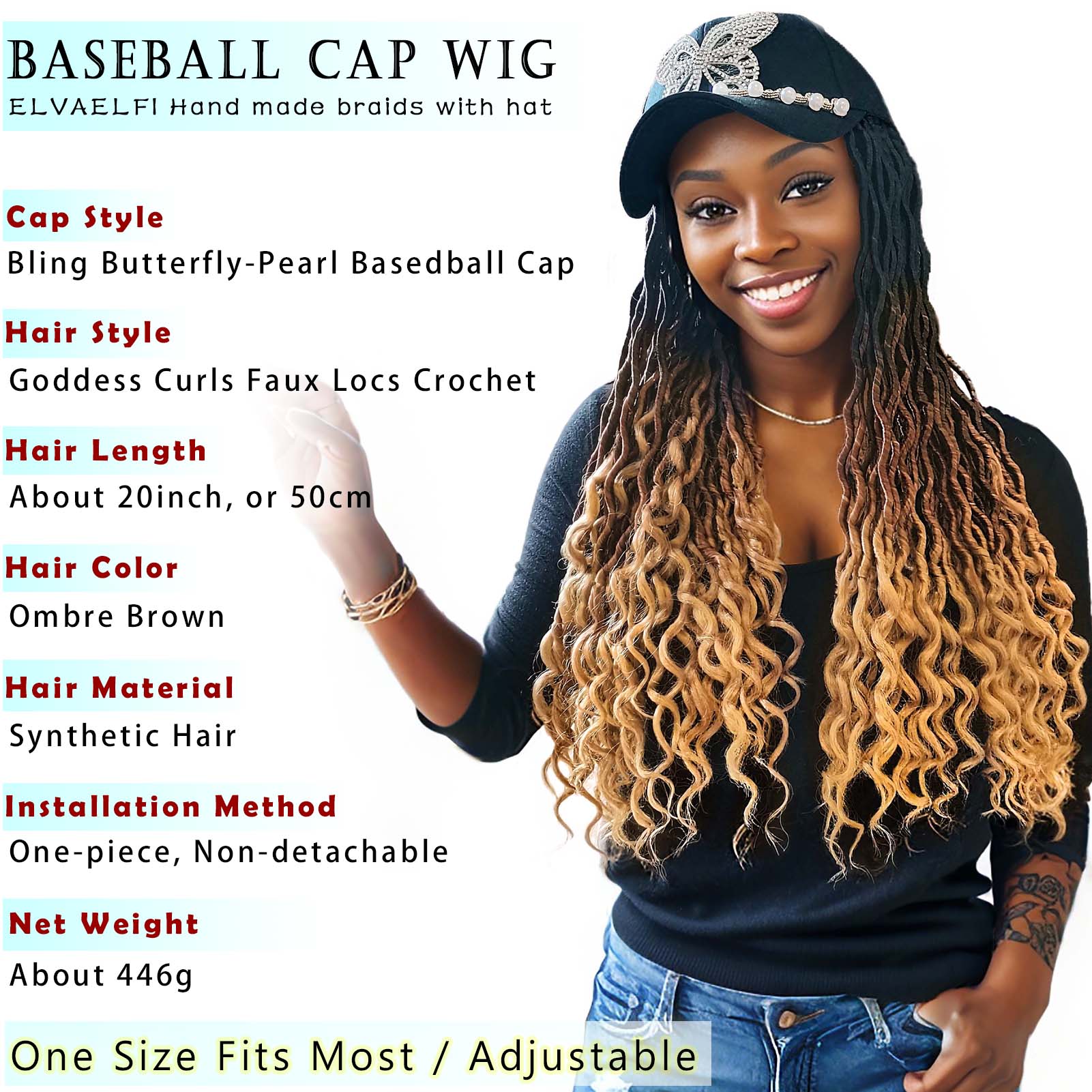 Butterfly Baseball Cap with Goddess Curls Faux Locs Crochet Hair