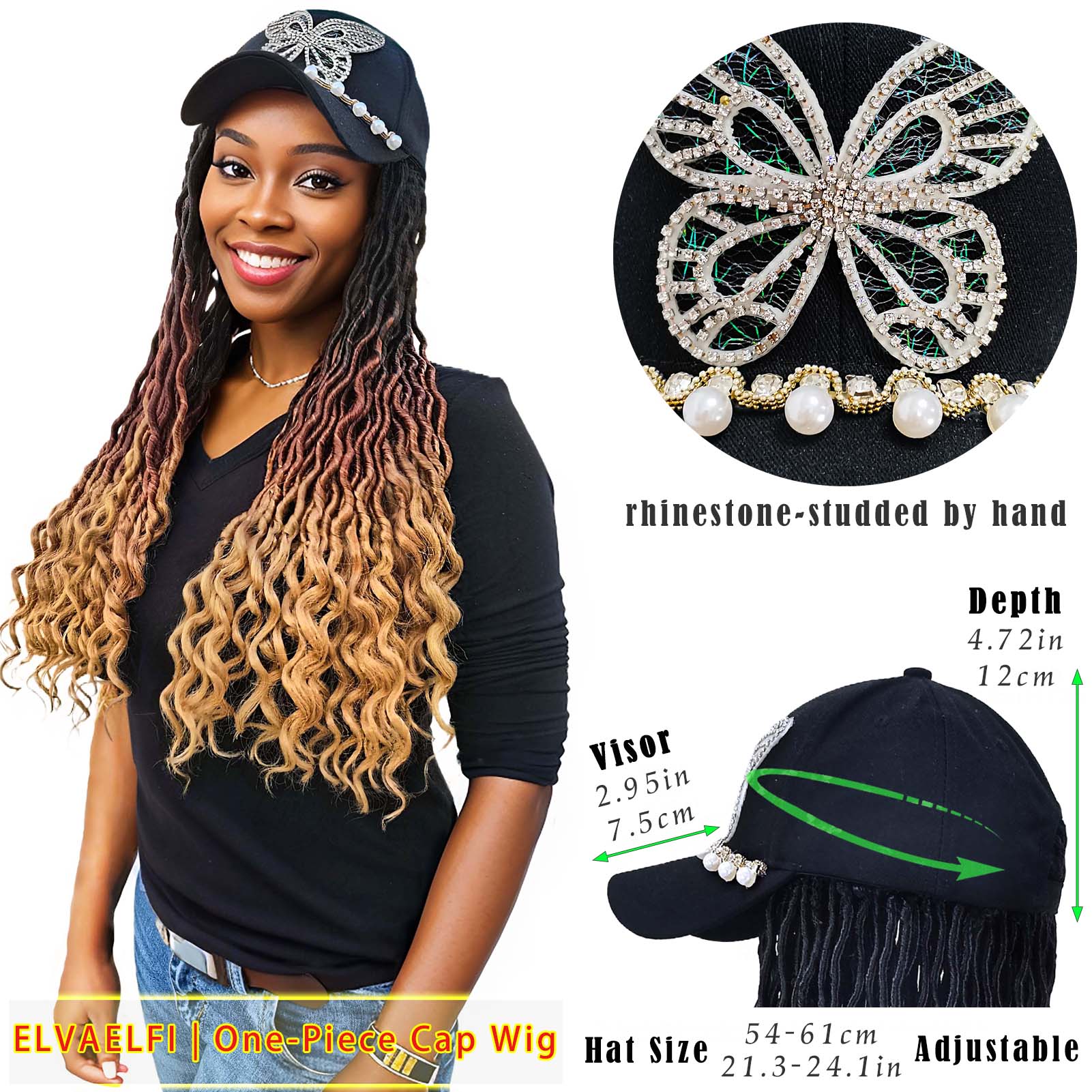 Butterfly Baseball Cap with Goddess Curls Faux Locs Crochet Hair
