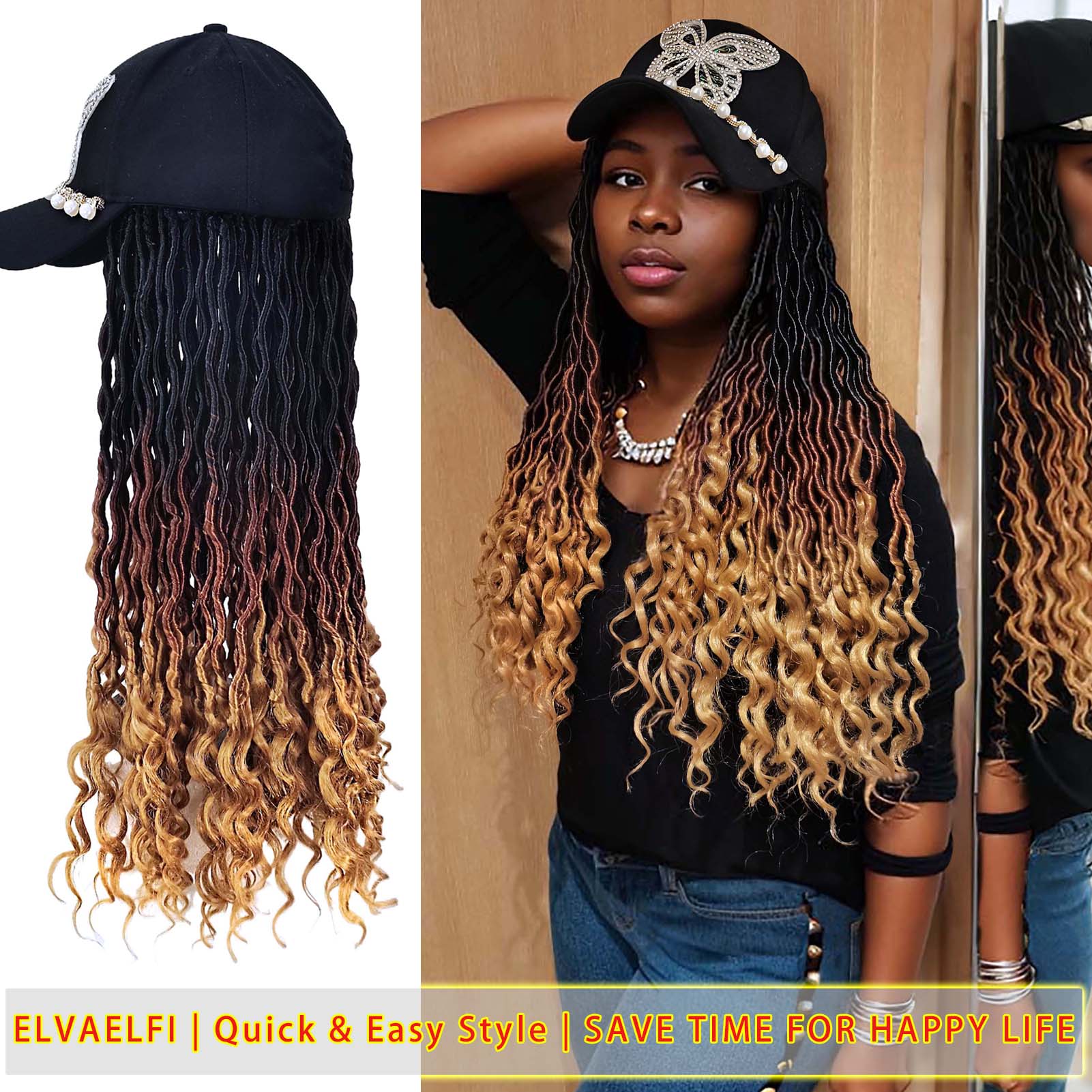 Butterfly Baseball Cap with Goddess Curls Faux Locs Crochet Hair