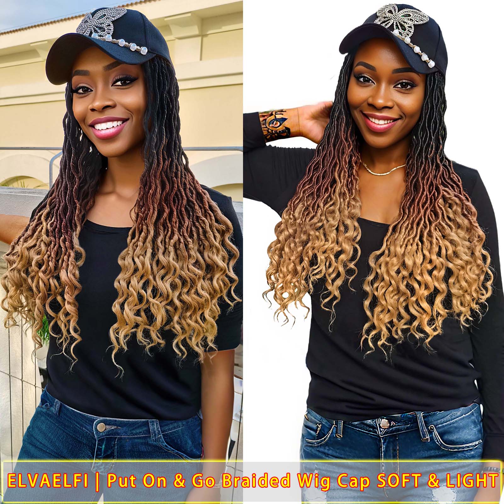 Butterfly Baseball Cap with Goddess Curls Faux Locs Crochet Hair
