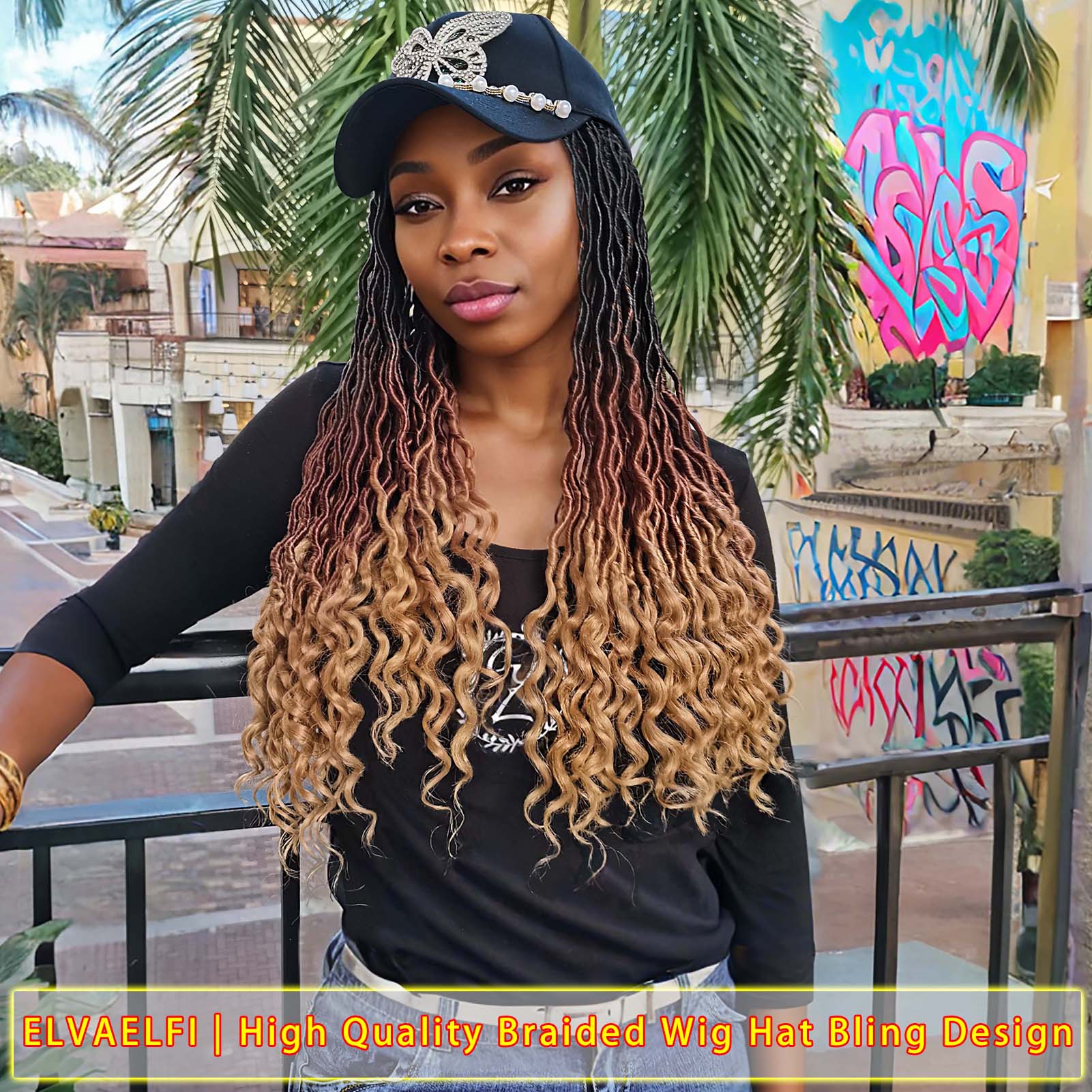 Butterfly Baseball Cap with Goddess Curls Faux Locs Crochet Hair