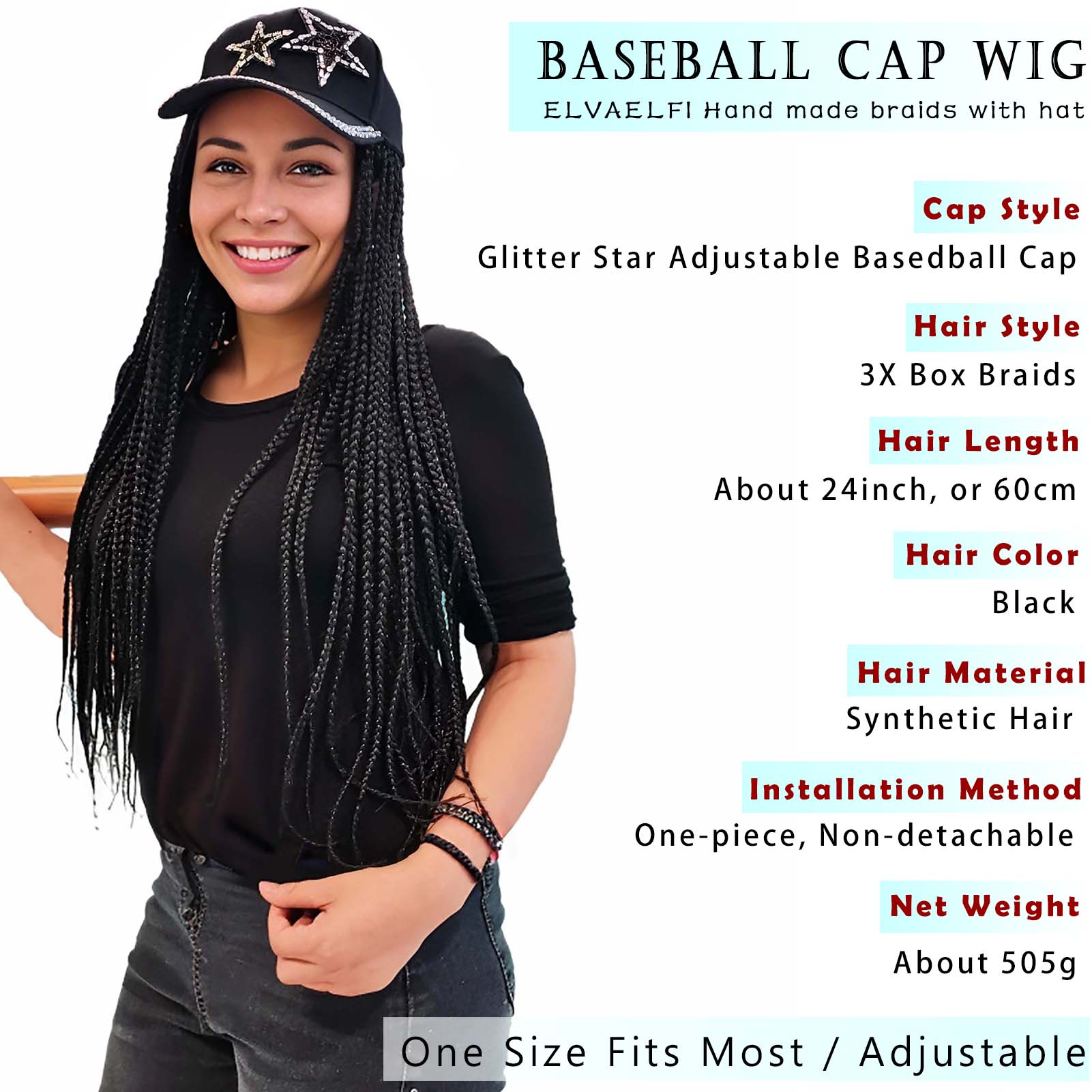 Glitter Star Baseball Cap with 3X Box Braids