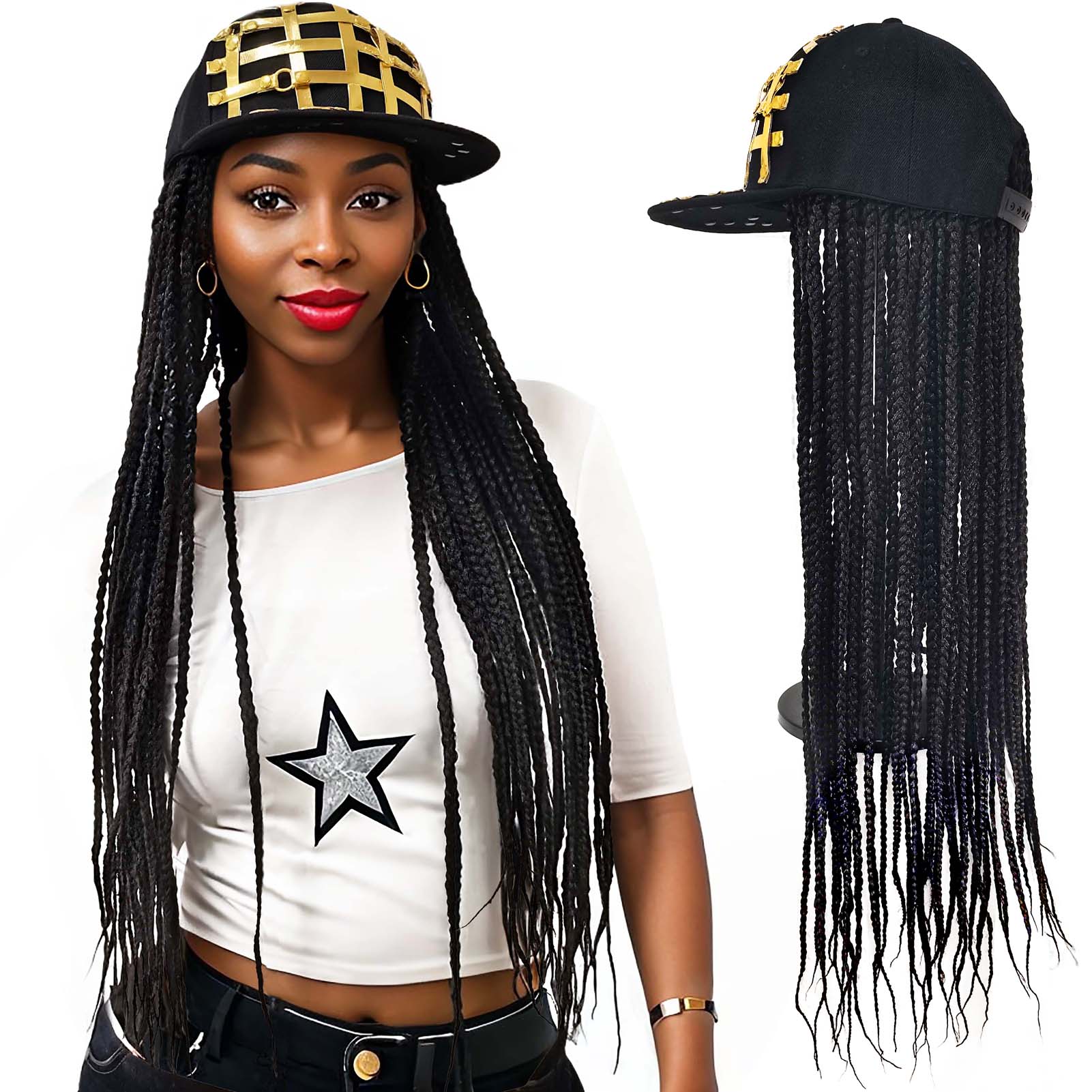 Golden Stripe Flat Cap with 3X Box Braids