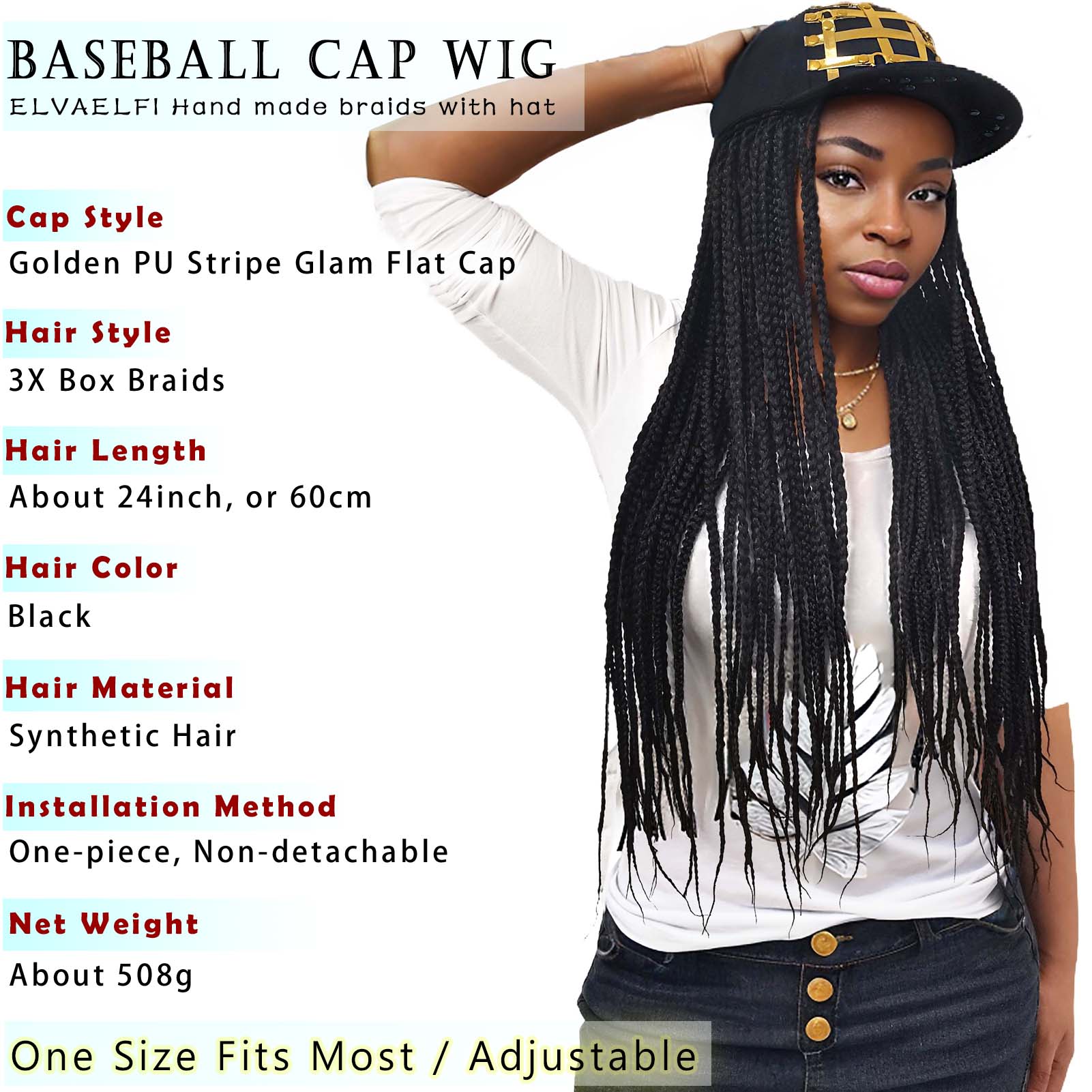 Golden Stripe Flat Cap with 3X Box Braids