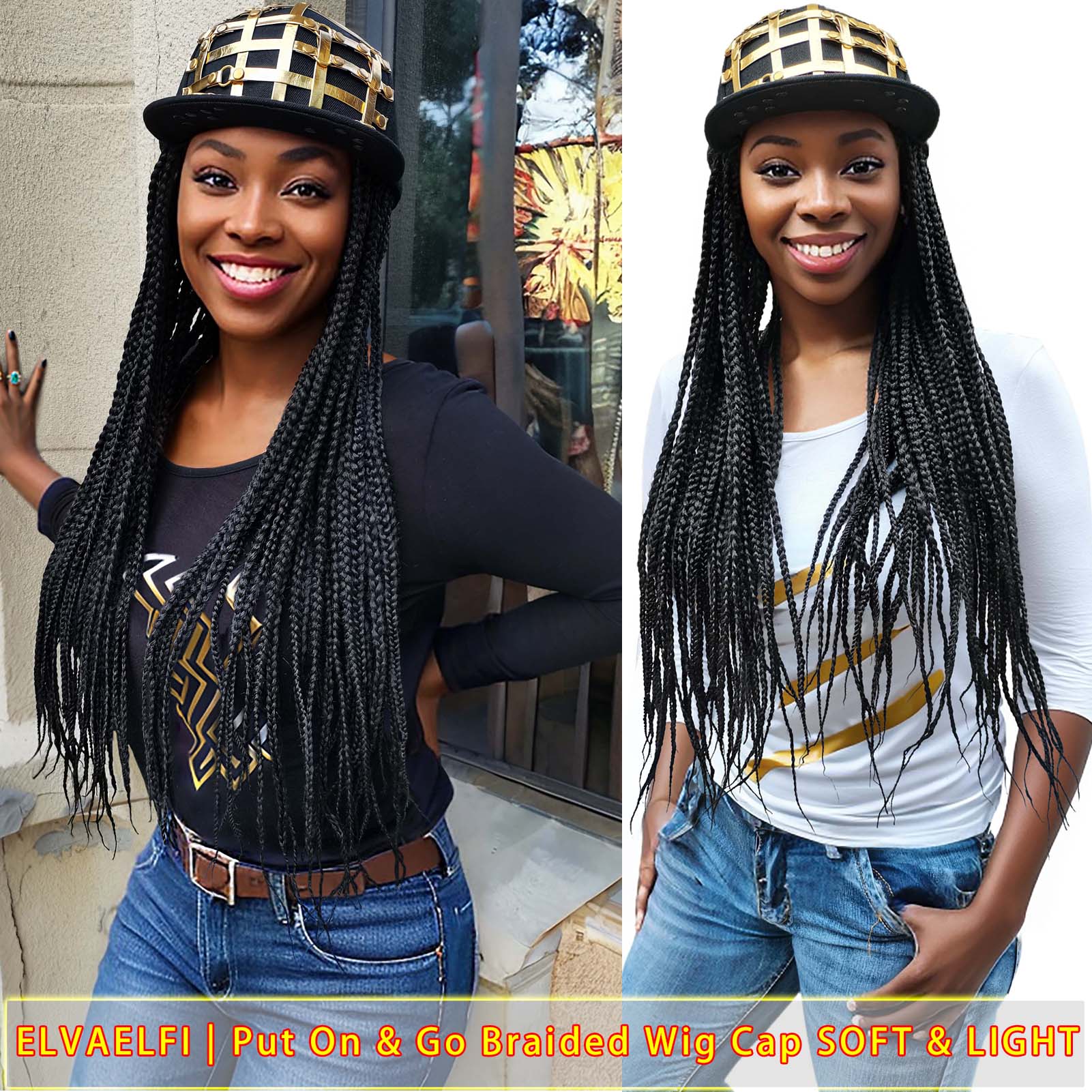 Golden Stripe Flat Cap with 3X Box Braids