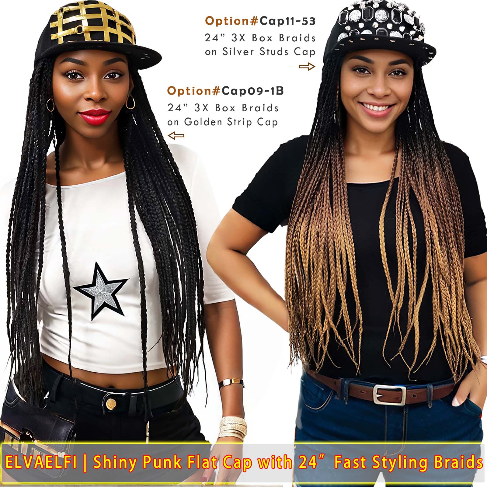 Shiny Rhinestone Studs Flat Cap with 3X Box Braids