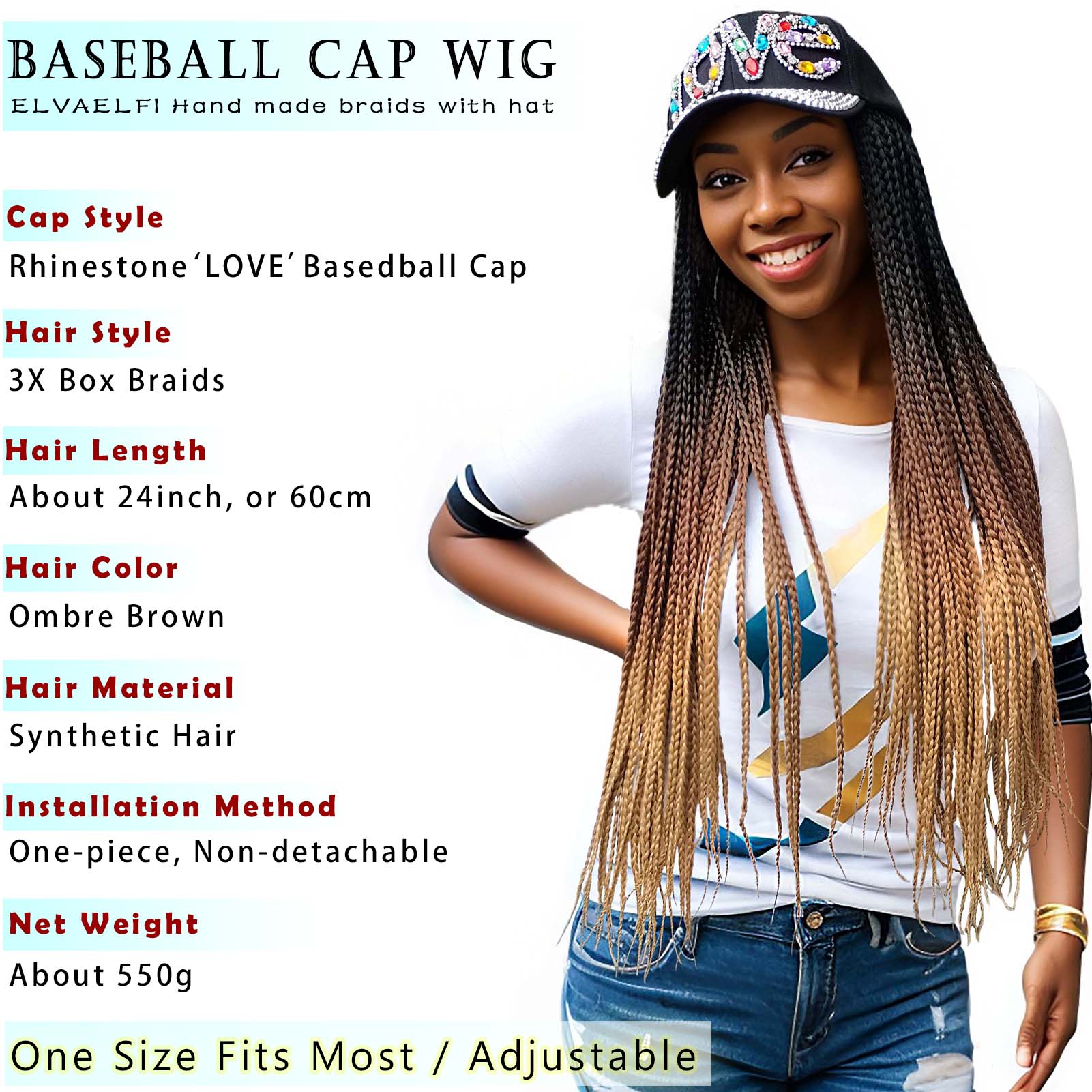 Colorful 'LOVE' Baseball Cap with 3X Box Braids