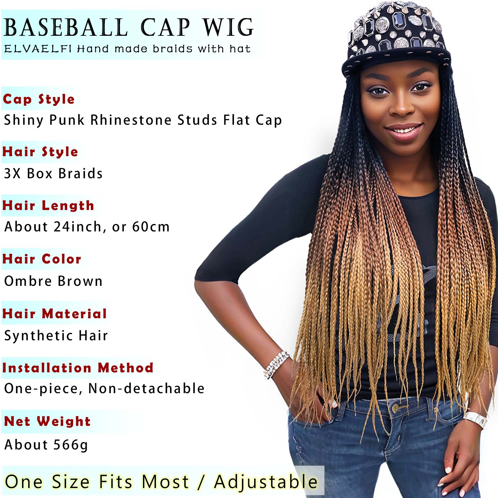 Shiny Rhinestone Studs Flat Cap with 3X Box Braids