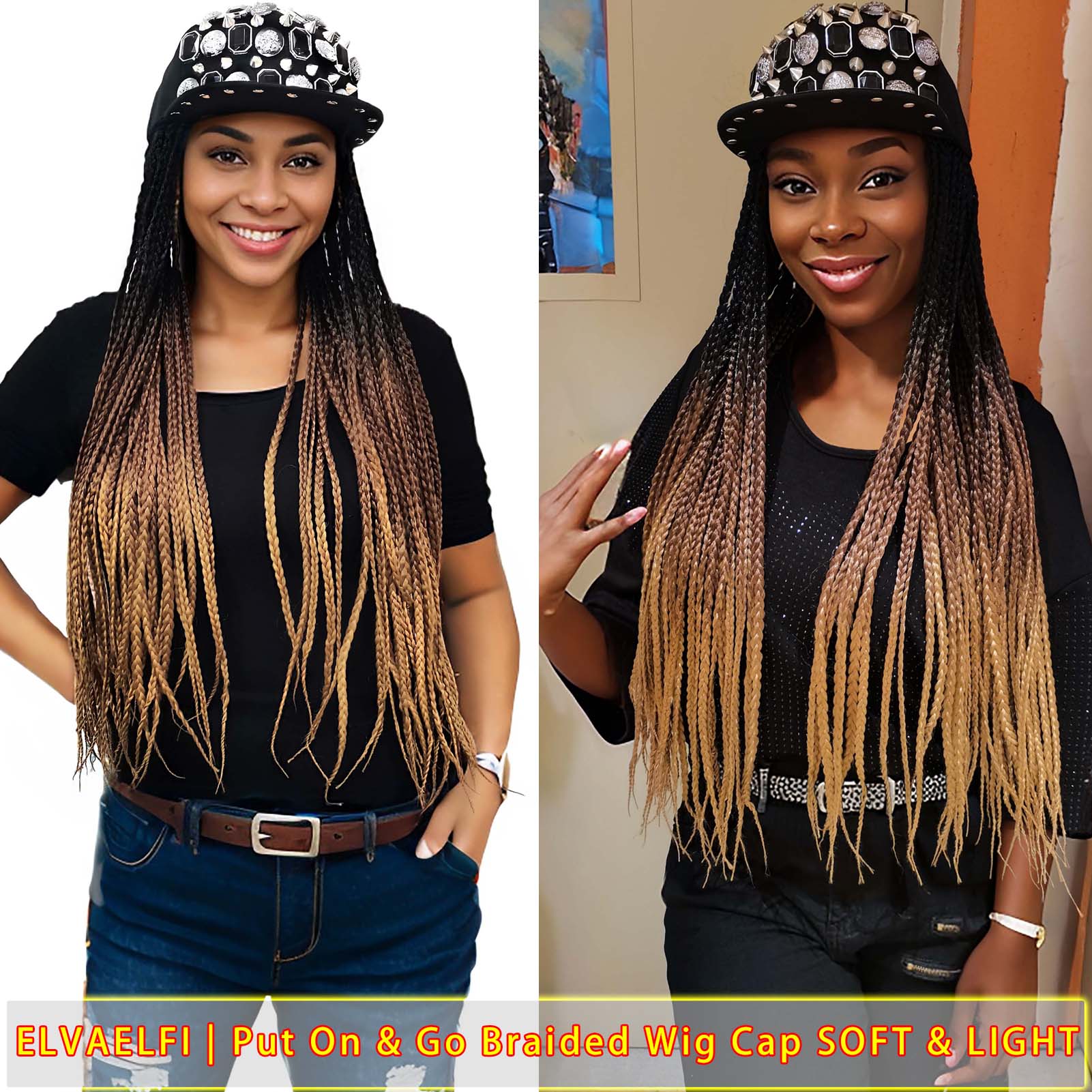 Shiny Rhinestone Studs Flat Cap with 3X Box Braids