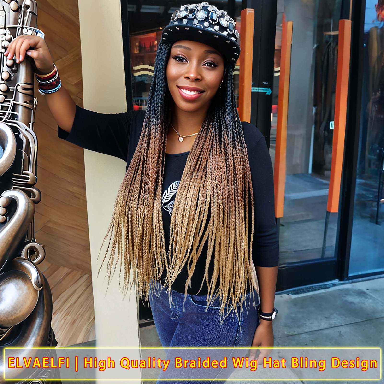 Shiny Rhinestone Studs Flat Cap with 3X Box Braids