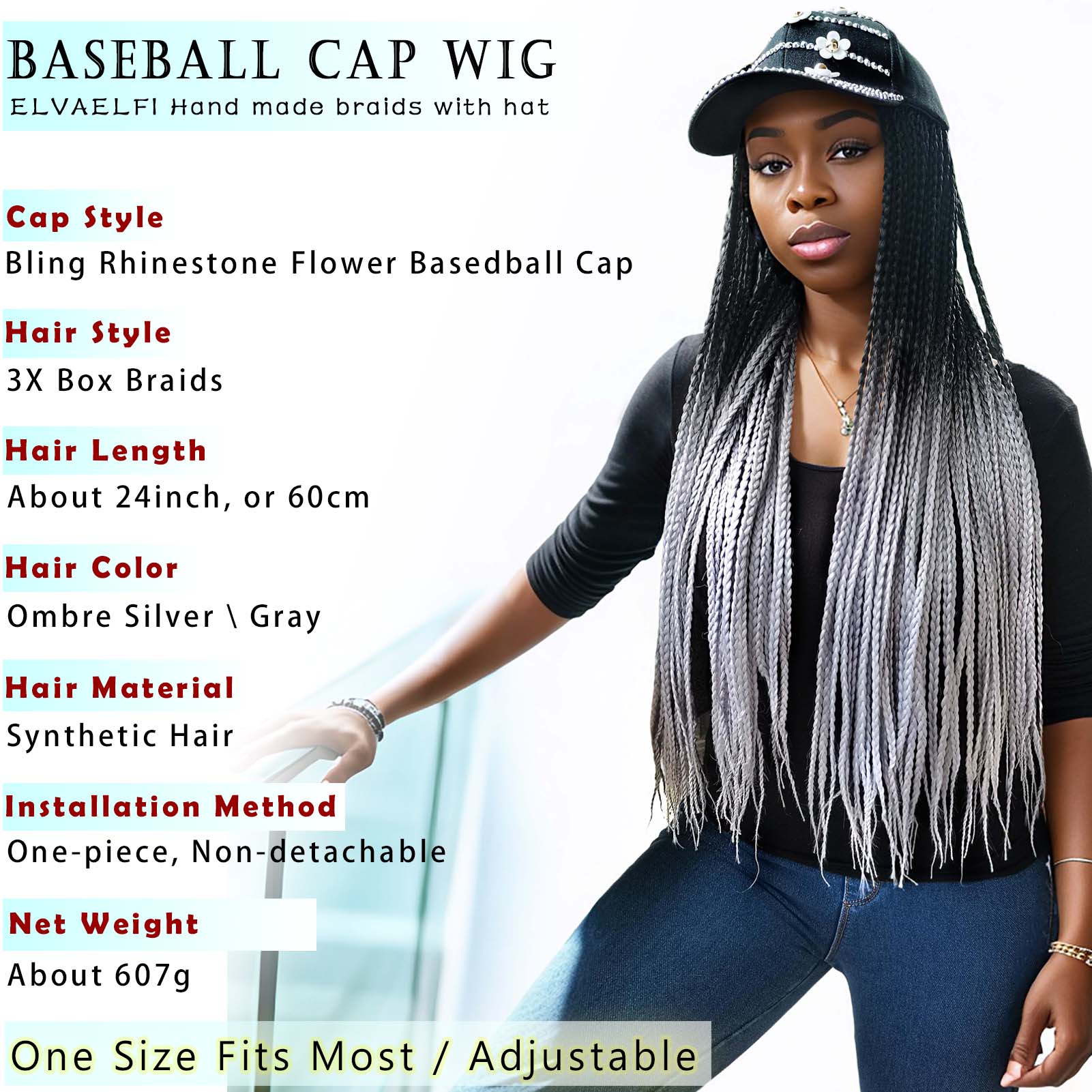 Bling Flower Baseball Cap with 3X Box Braids