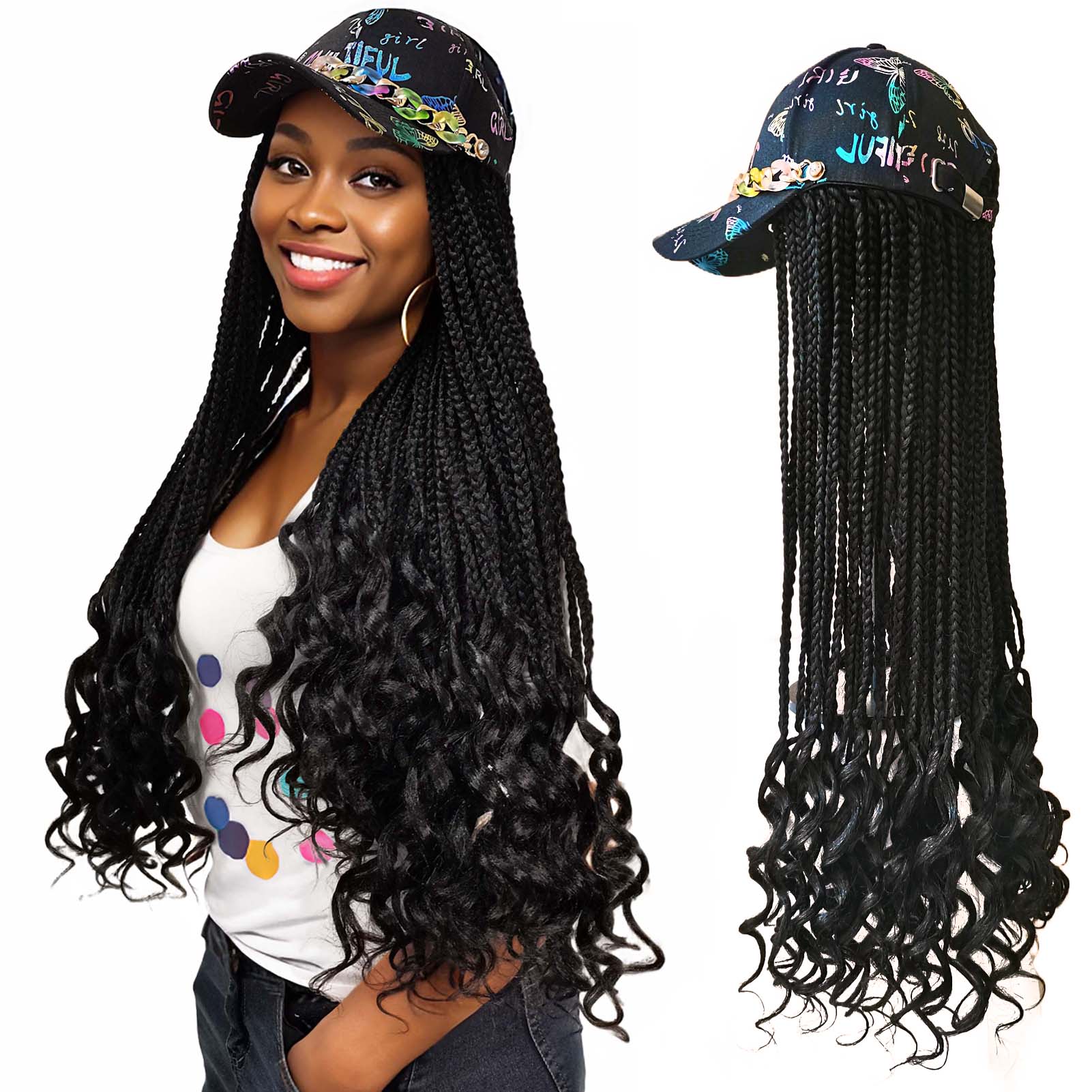 Pastel Chain Graffiti Baseball Cap with 3X Box Crochet Braids Curly Ends