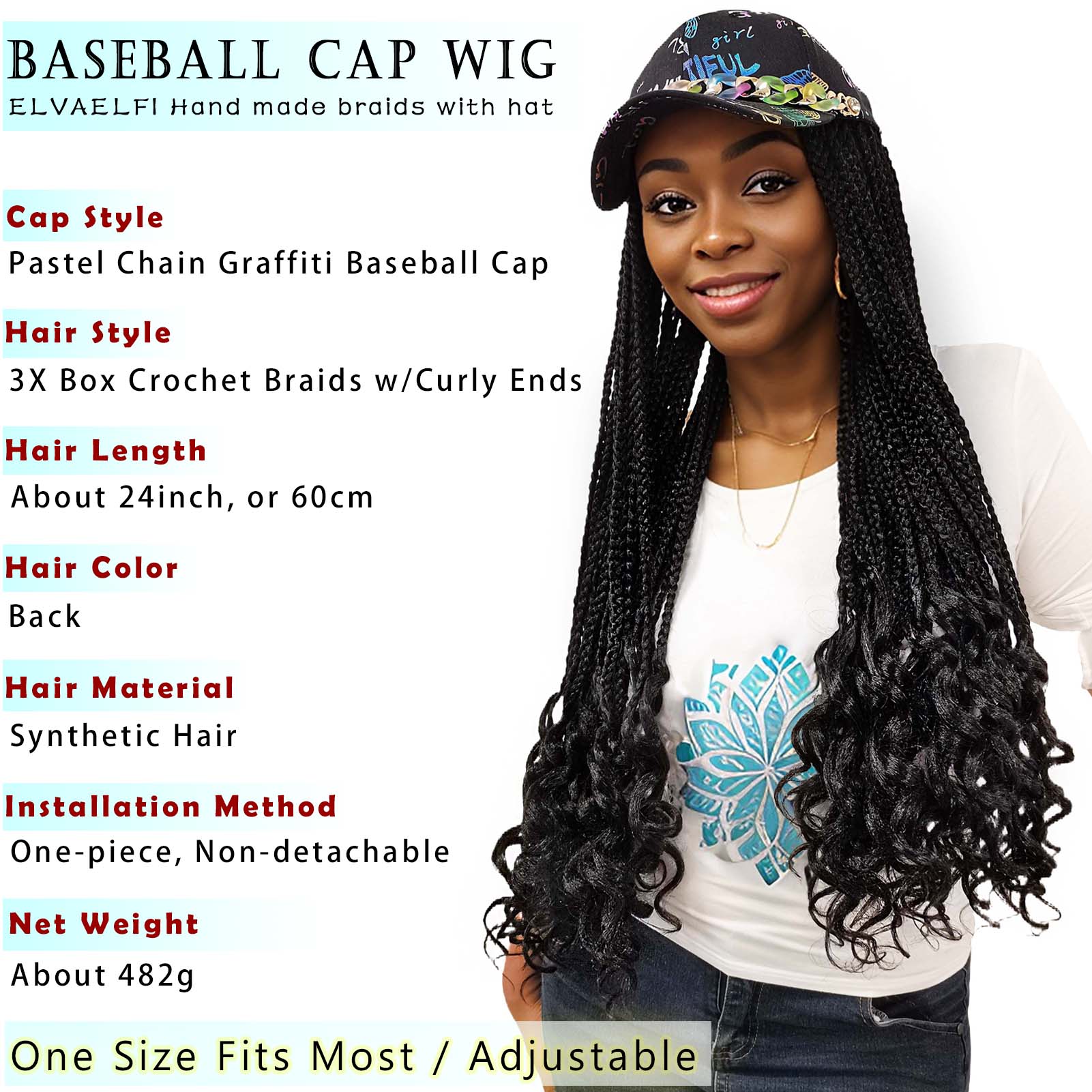 Pastel Chain Graffiti Baseball Cap with 3X Box Crochet Braids Curly Ends