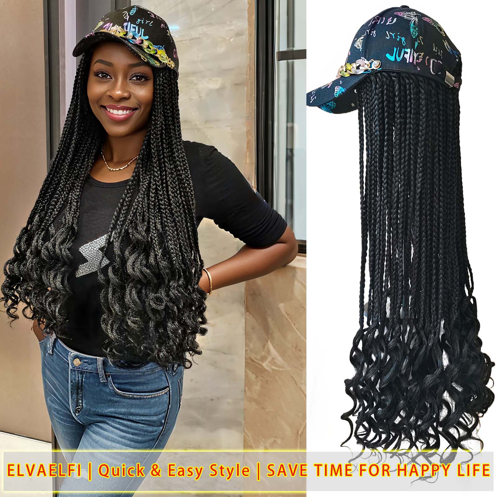 Pastel Chain Graffiti Baseball Cap with 3X Box Crochet Braids Curly Ends