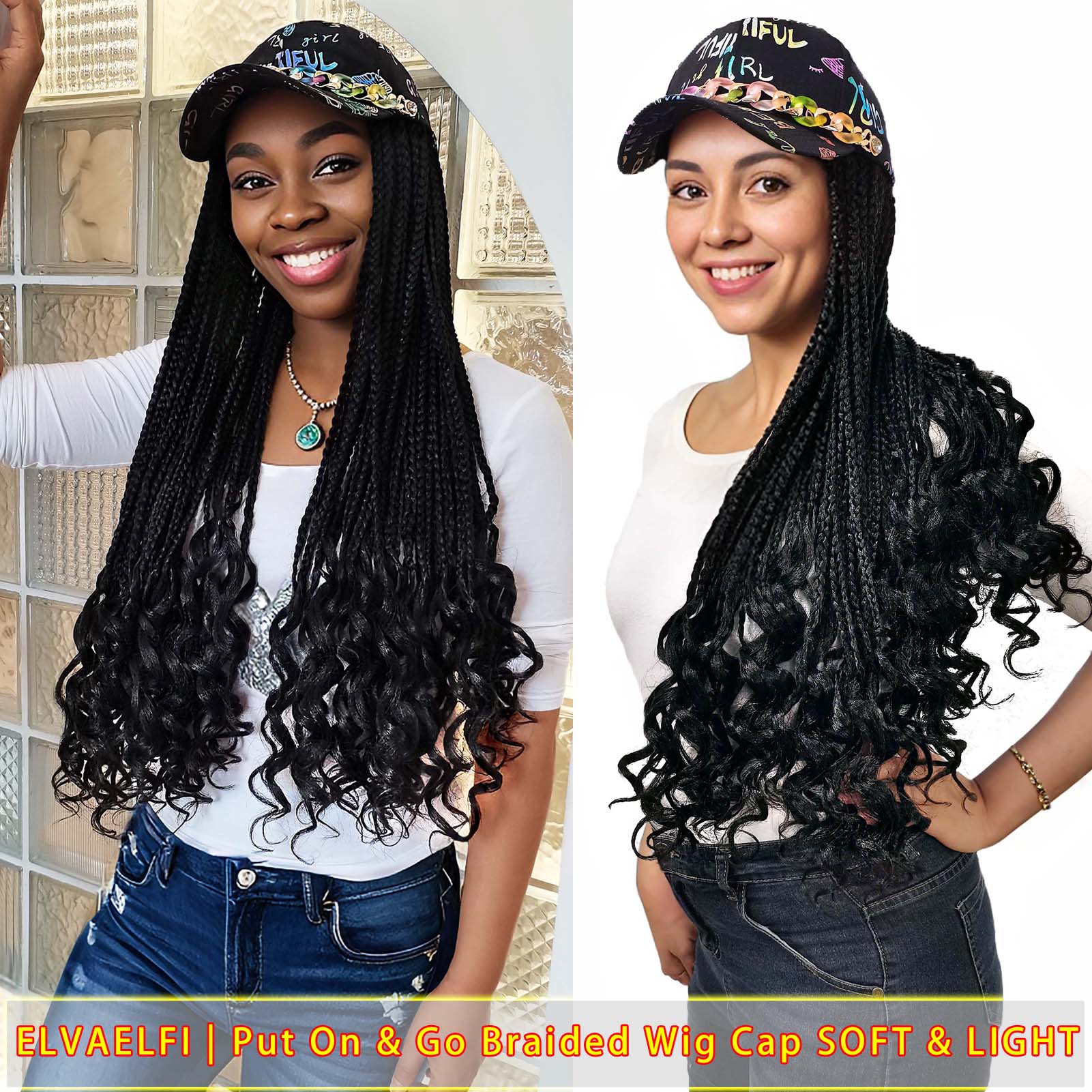 Pastel Chain Graffiti Baseball Cap with 3X Box Crochet Braids Curly Ends