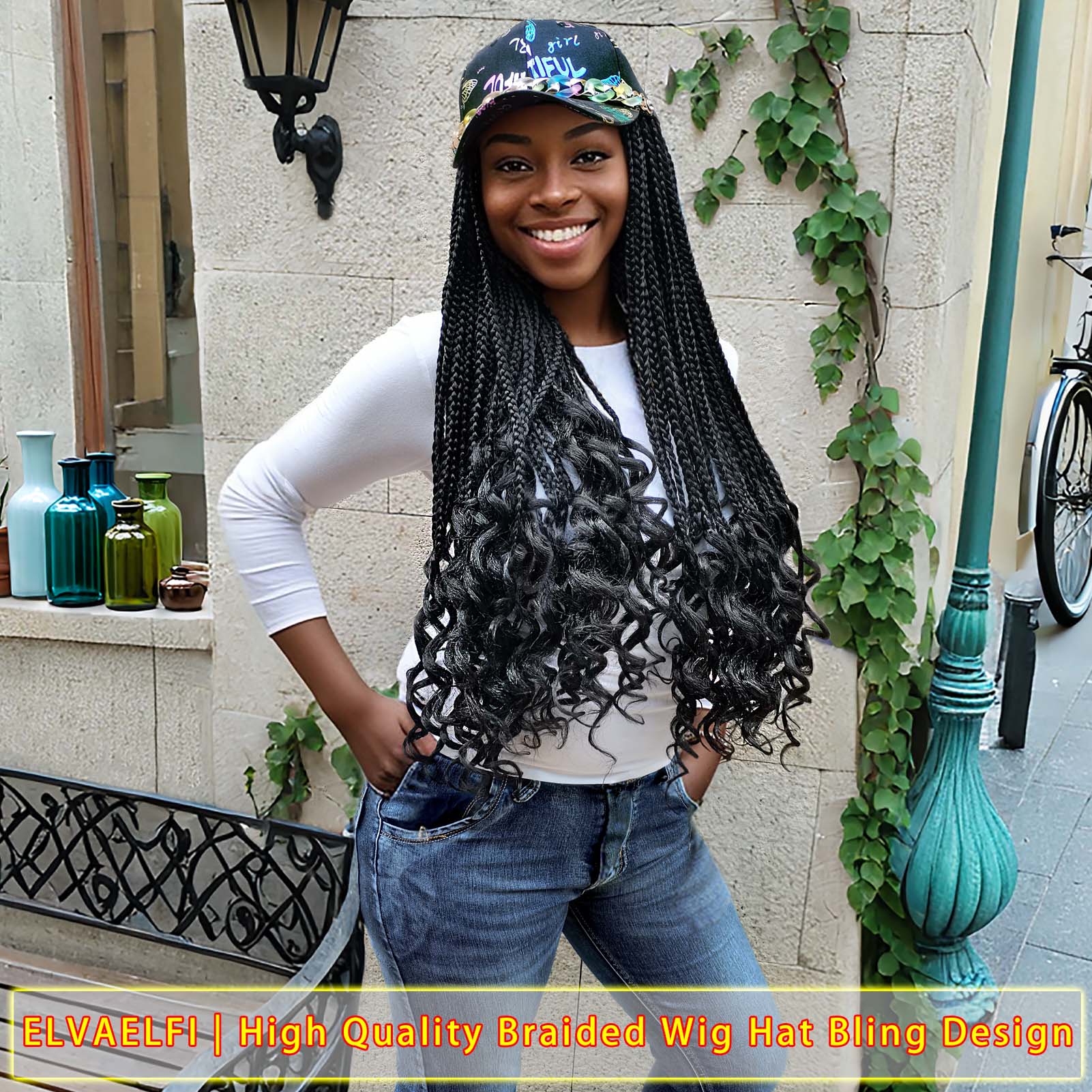 Pastel Chain Graffiti Baseball Cap with 3X Box Crochet Braids Curly Ends