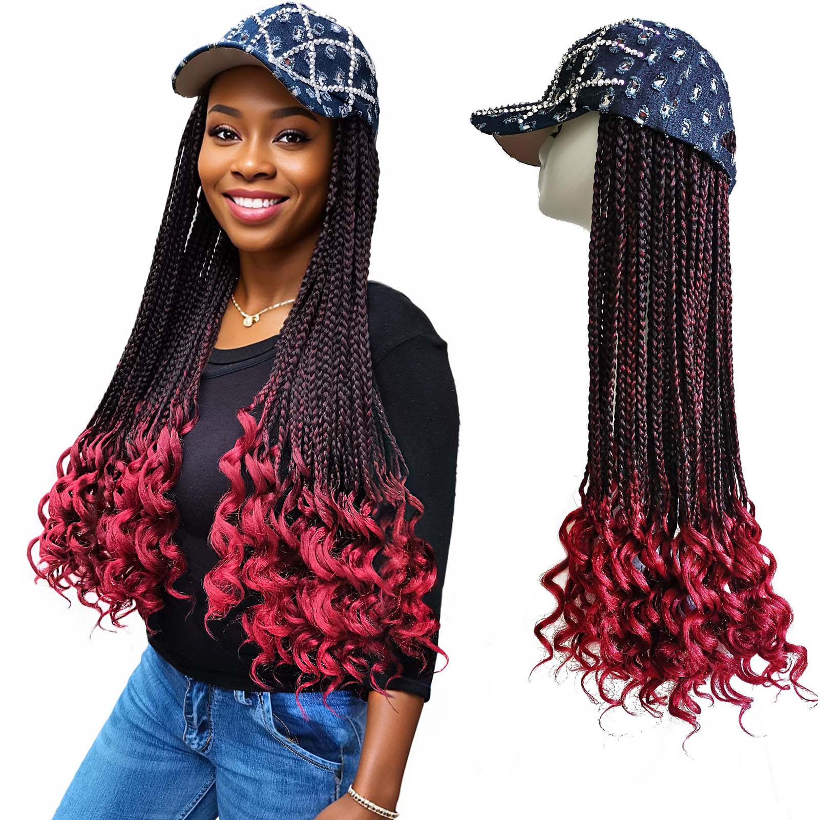 Rhinestone &Holes Baseball Cap with 3X Box Braids Curly Ends