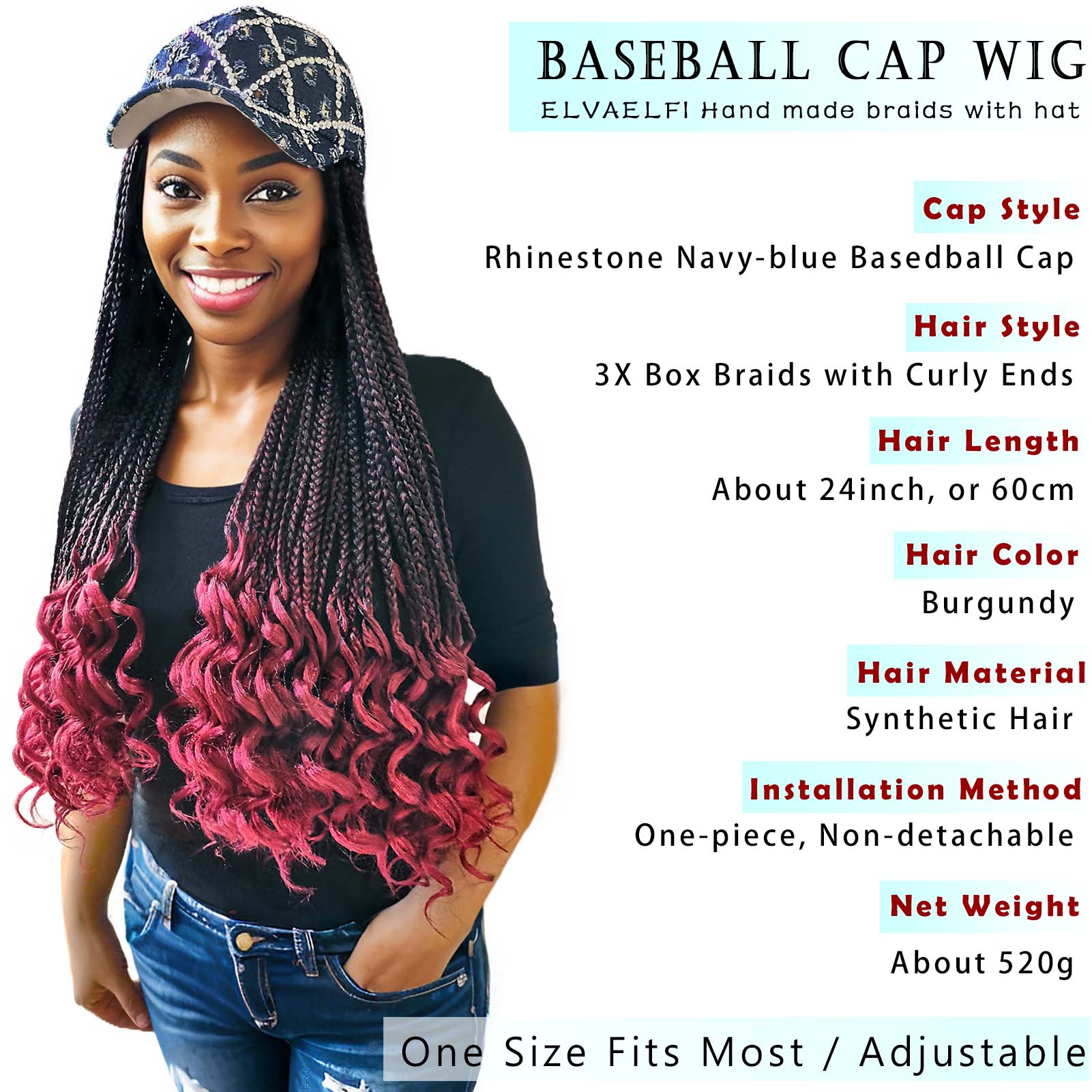 Rhinestone &Holes Baseball Cap with 3X Box Braids Curly Ends