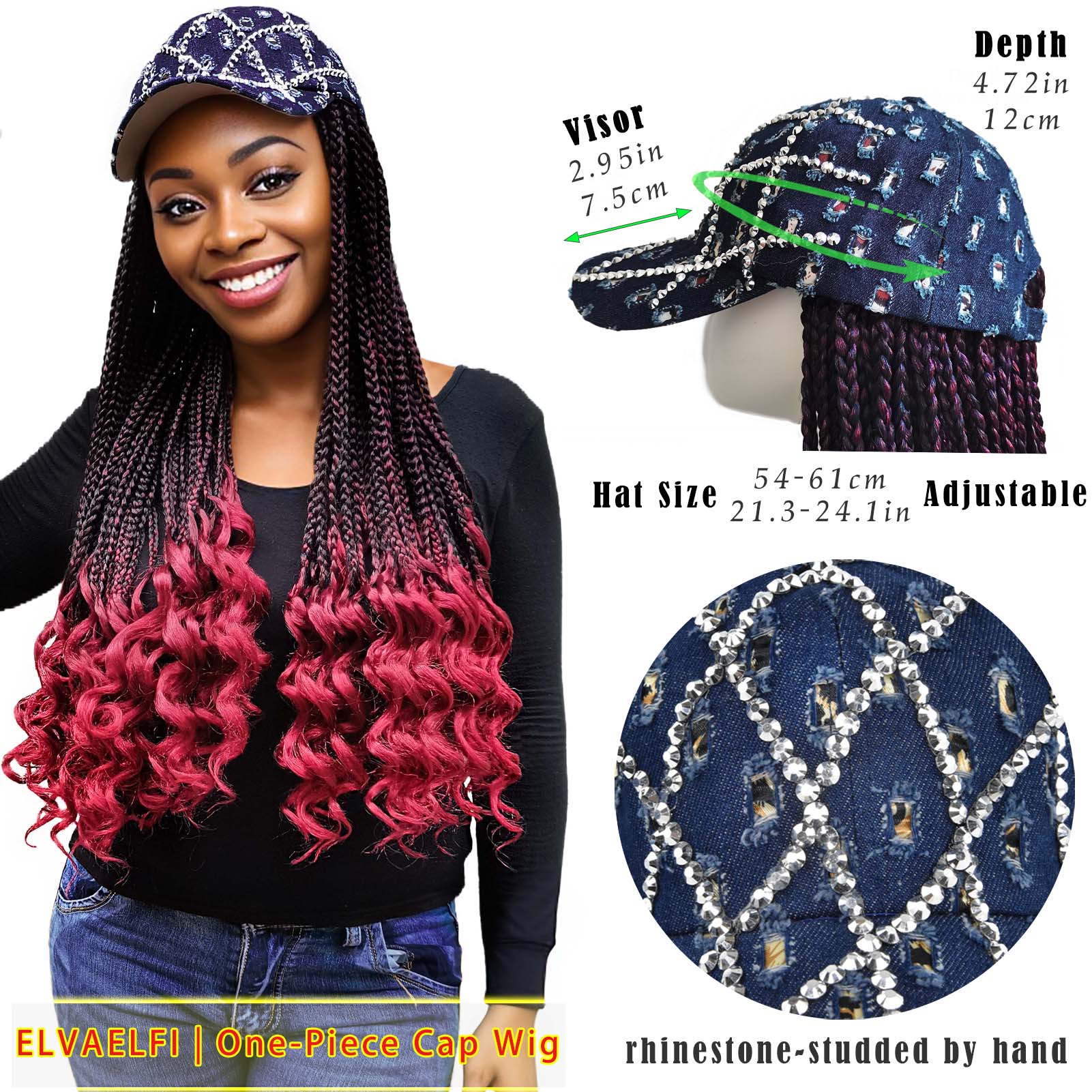 Rhinestone &Holes Baseball Cap with 3X Box Braids Curly Ends