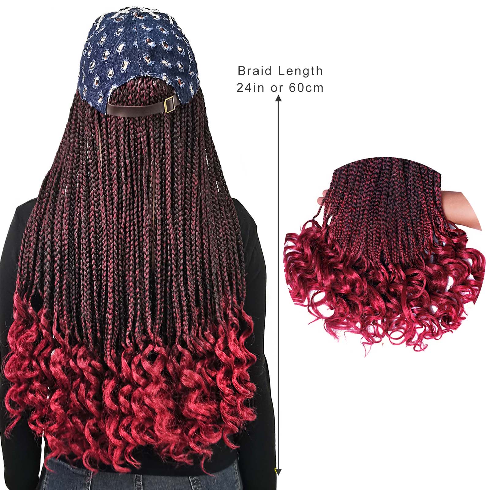 Rhinestone &Holes Baseball Cap with 3X Box Braids Curly Ends