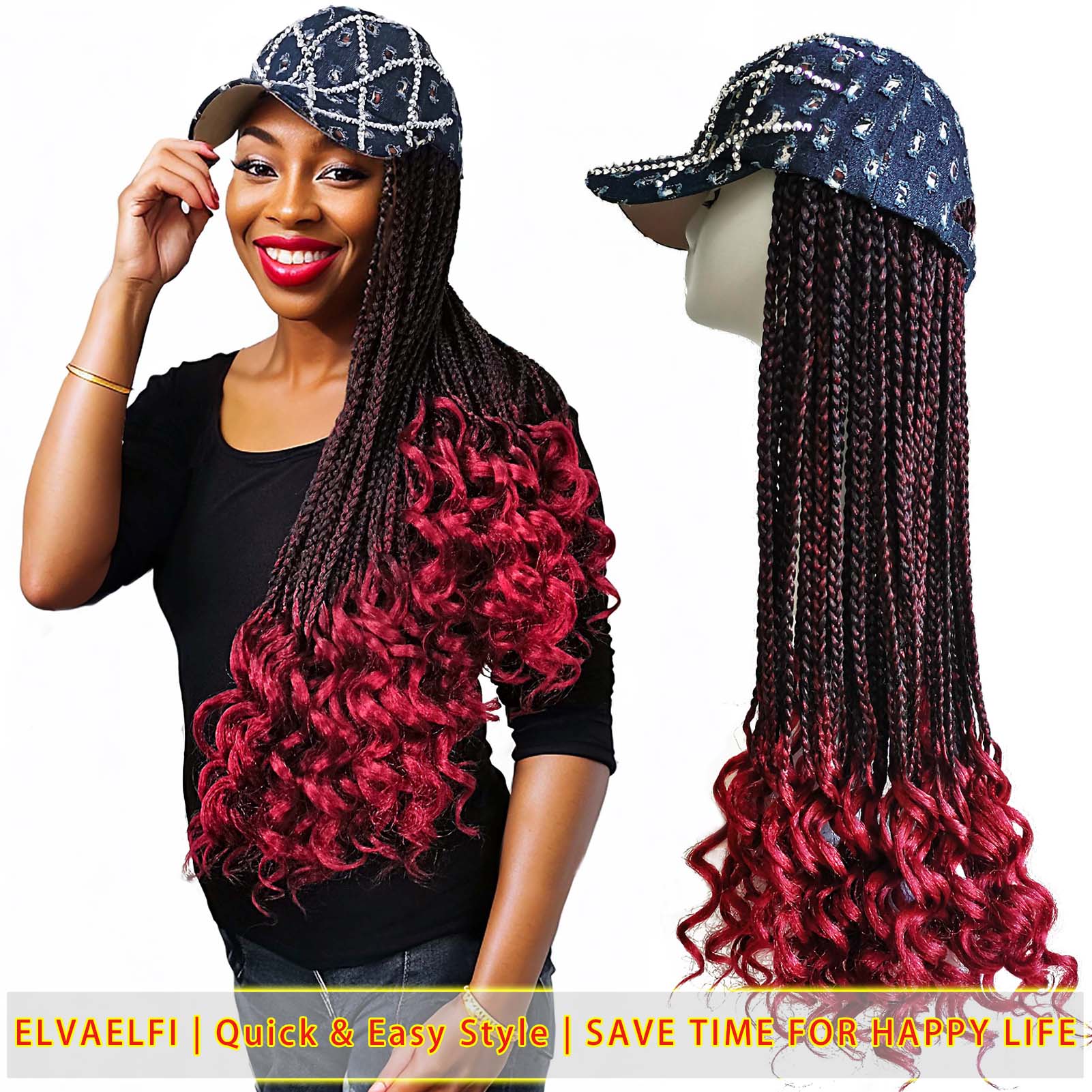 Rhinestone &Holes Baseball Cap with 3X Box Braids Curly Ends