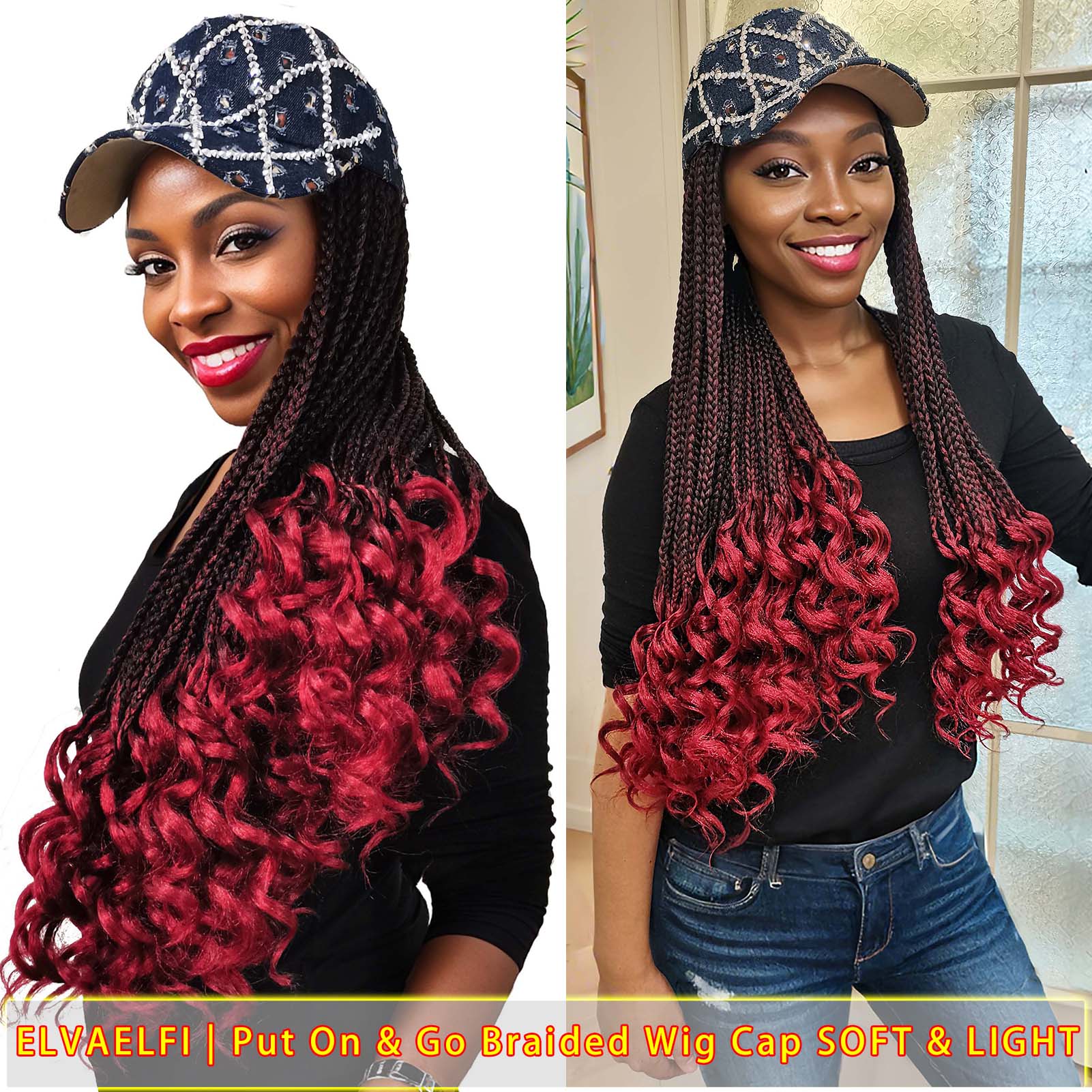 Rhinestone &Holes Baseball Cap with 3X Box Braids Curly Ends