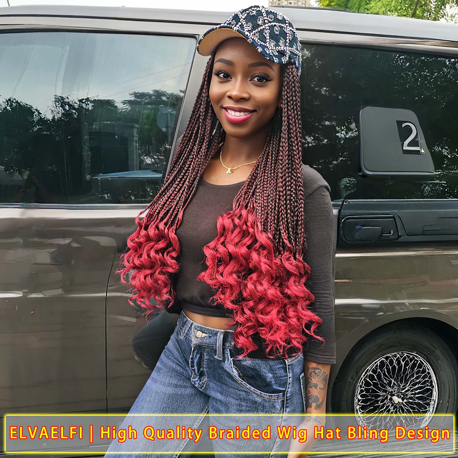 Rhinestone &Holes Baseball Cap with 3X Box Braids Curly Ends