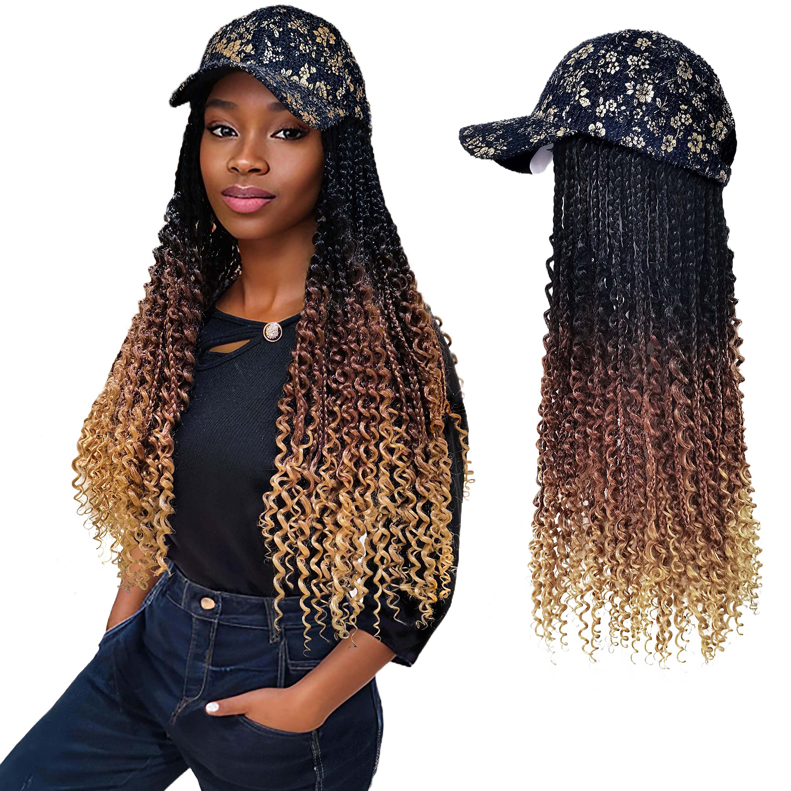 Gold Floral Baseball Cap with Goddess Box River Braids