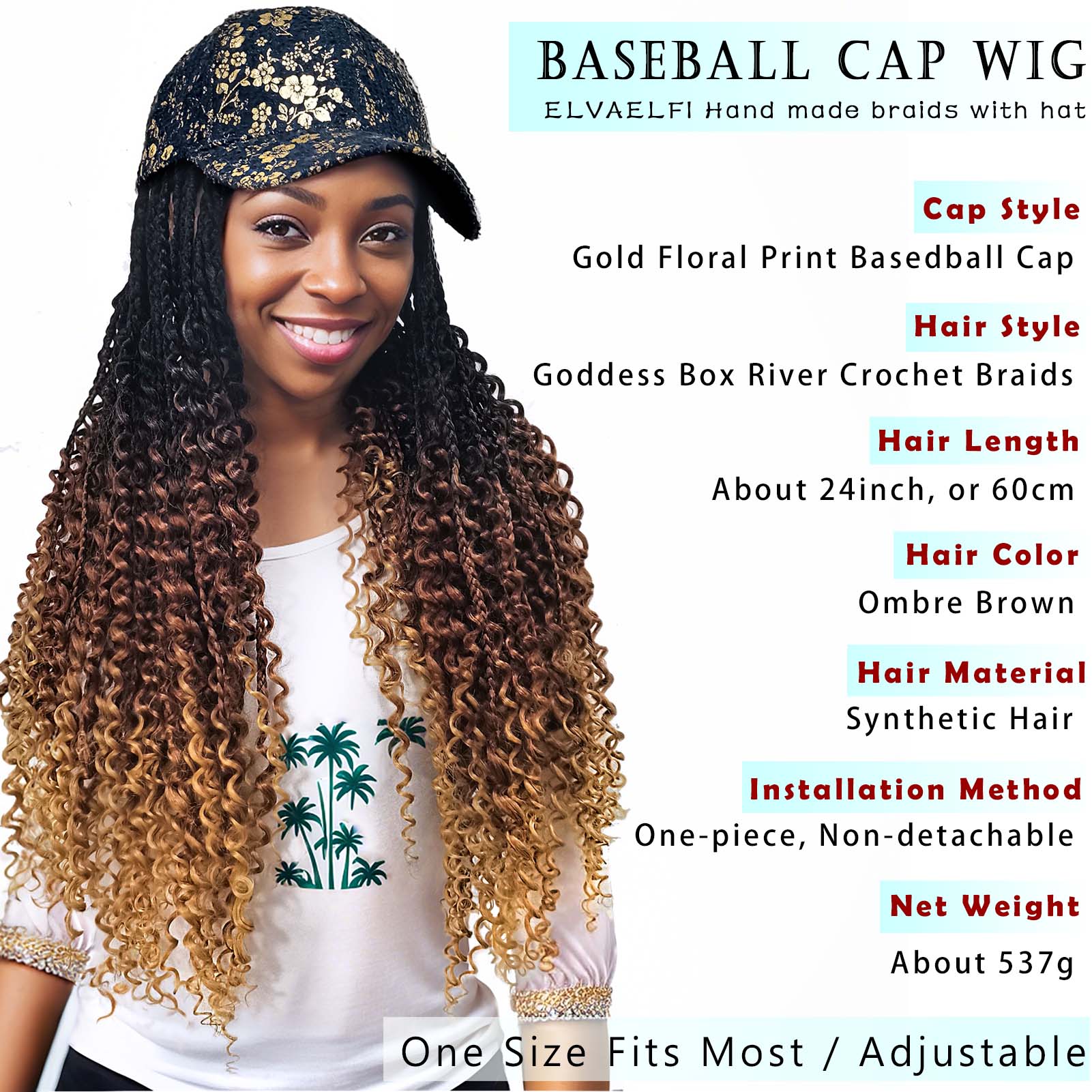Gold Floral Baseball Cap with Goddess Box River Braids