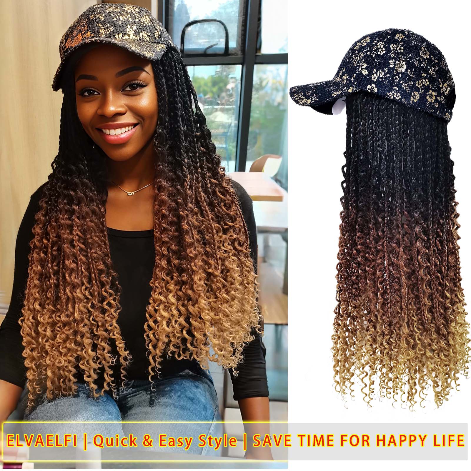 Gold Floral Baseball Cap with Goddess Box River Braids