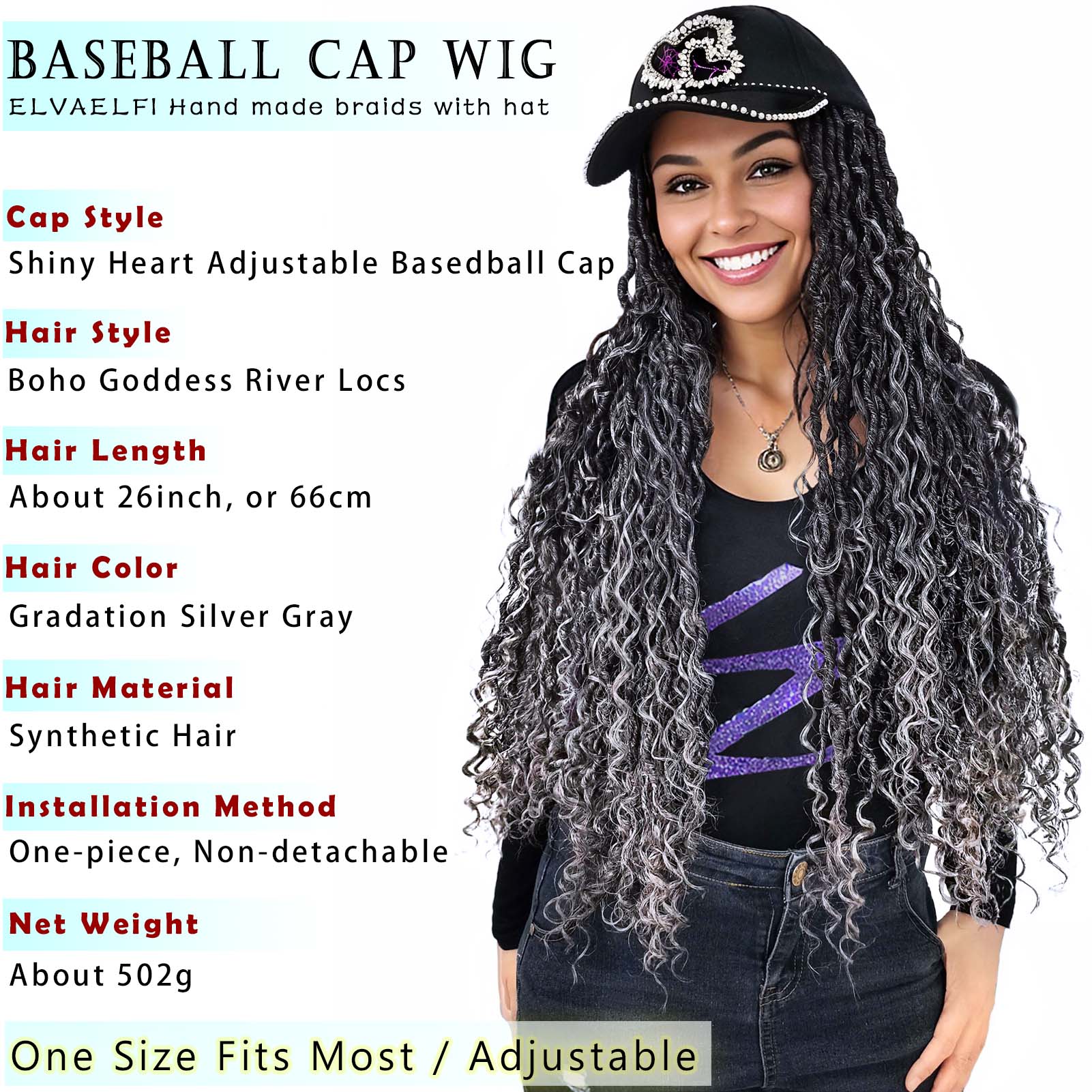 Shiny Heart Baseball Cap with Boho Goddess River Locs Hair