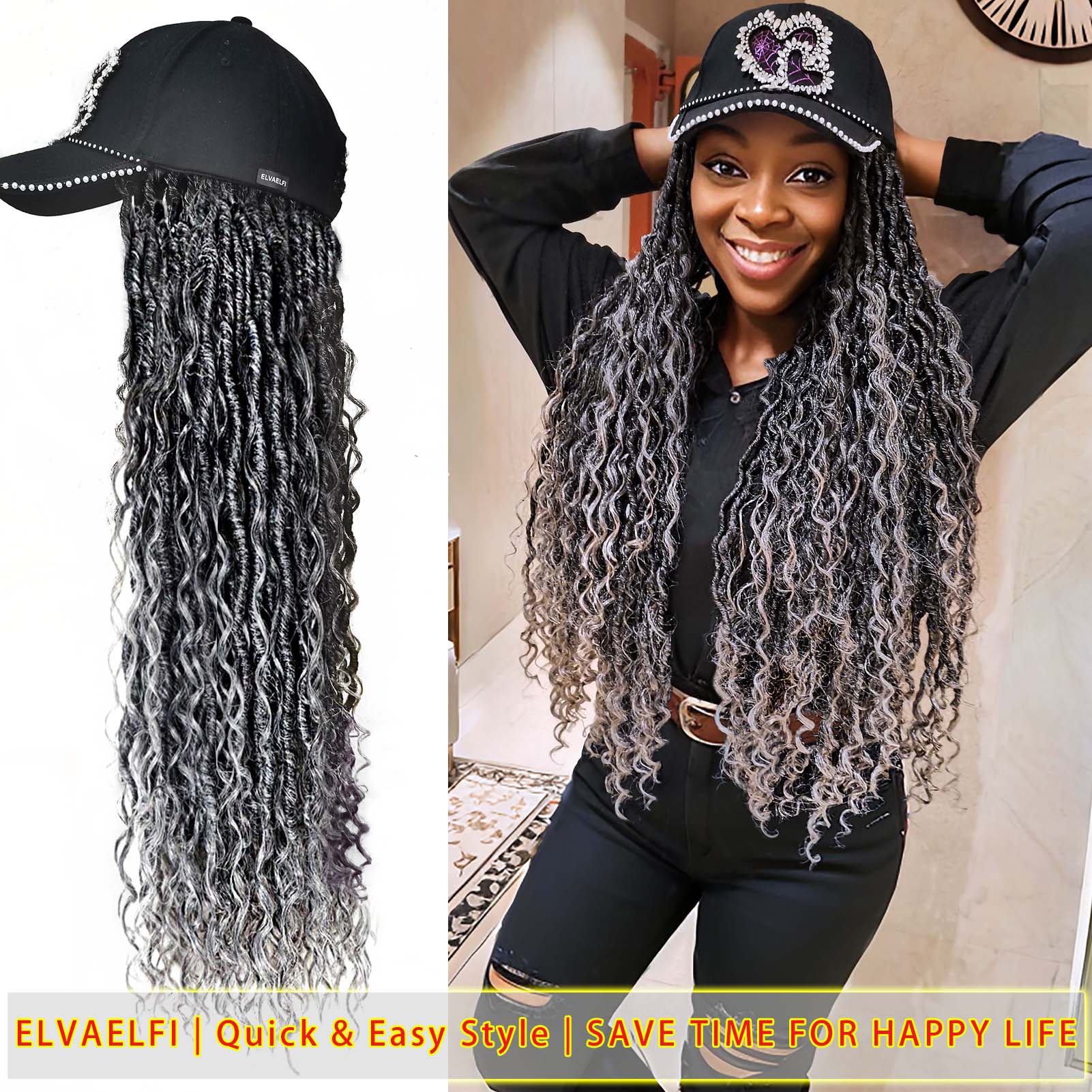 Shiny Heart Baseball Cap with Boho Goddess River Locs Hair