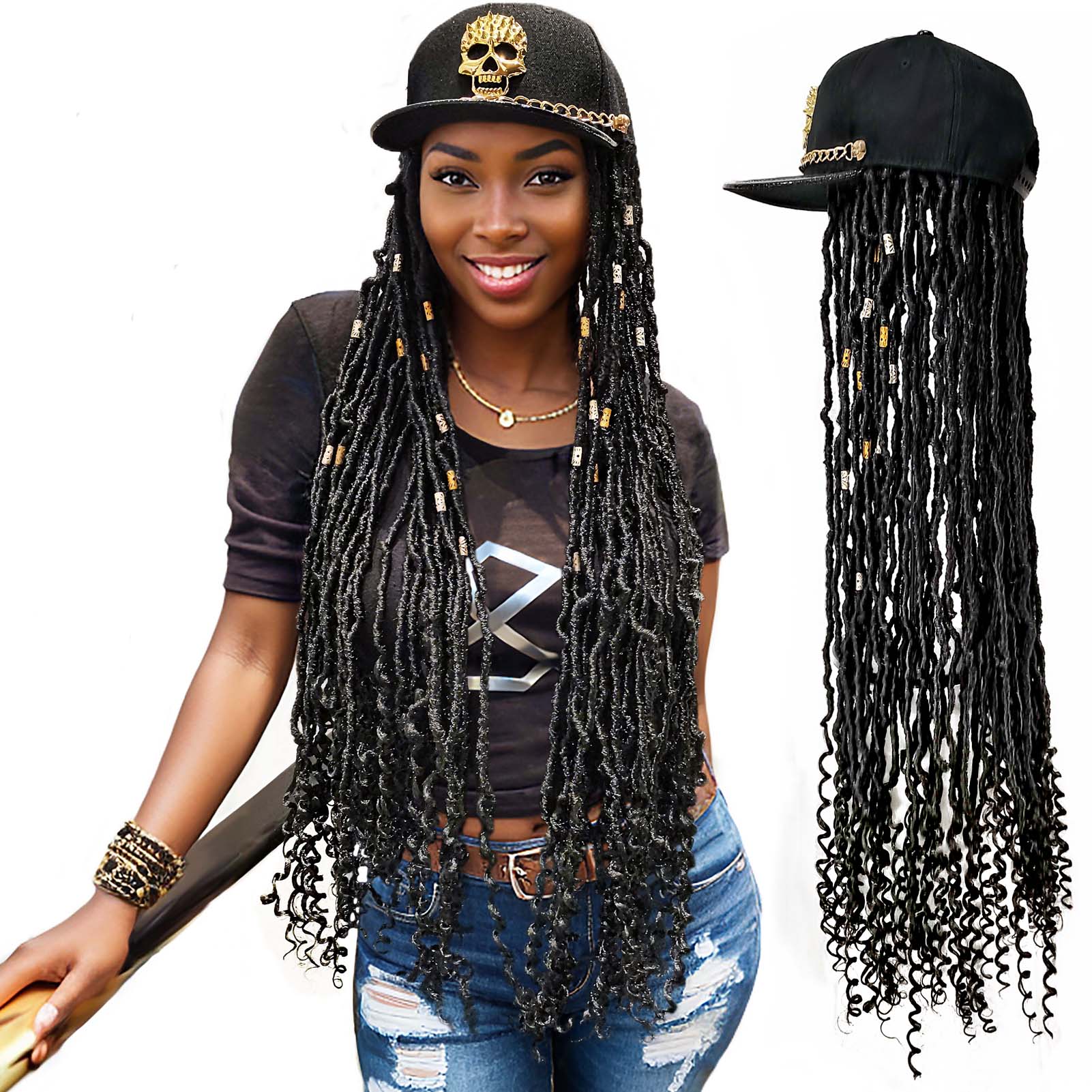 Golden Skull Flat Cap with Nu Locs Crochet Hair Curly Ends