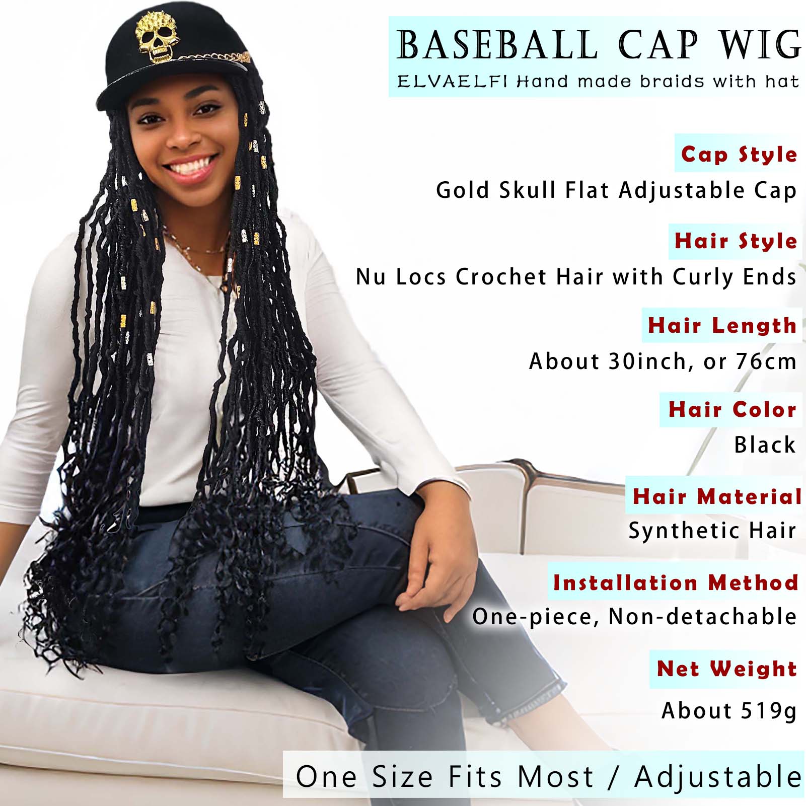 Golden Skull Flat Cap with Nu Locs Crochet Hair Curly Ends