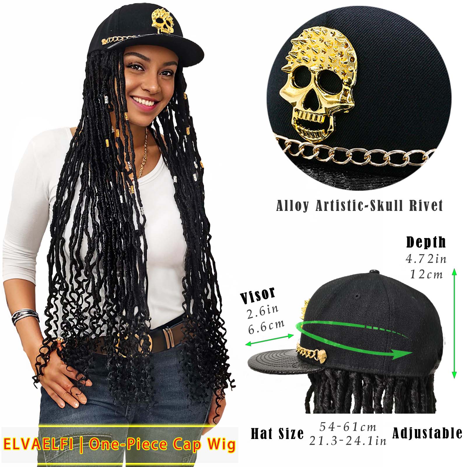 Golden Skull Flat Cap with Nu Locs Crochet Hair Curly Ends
