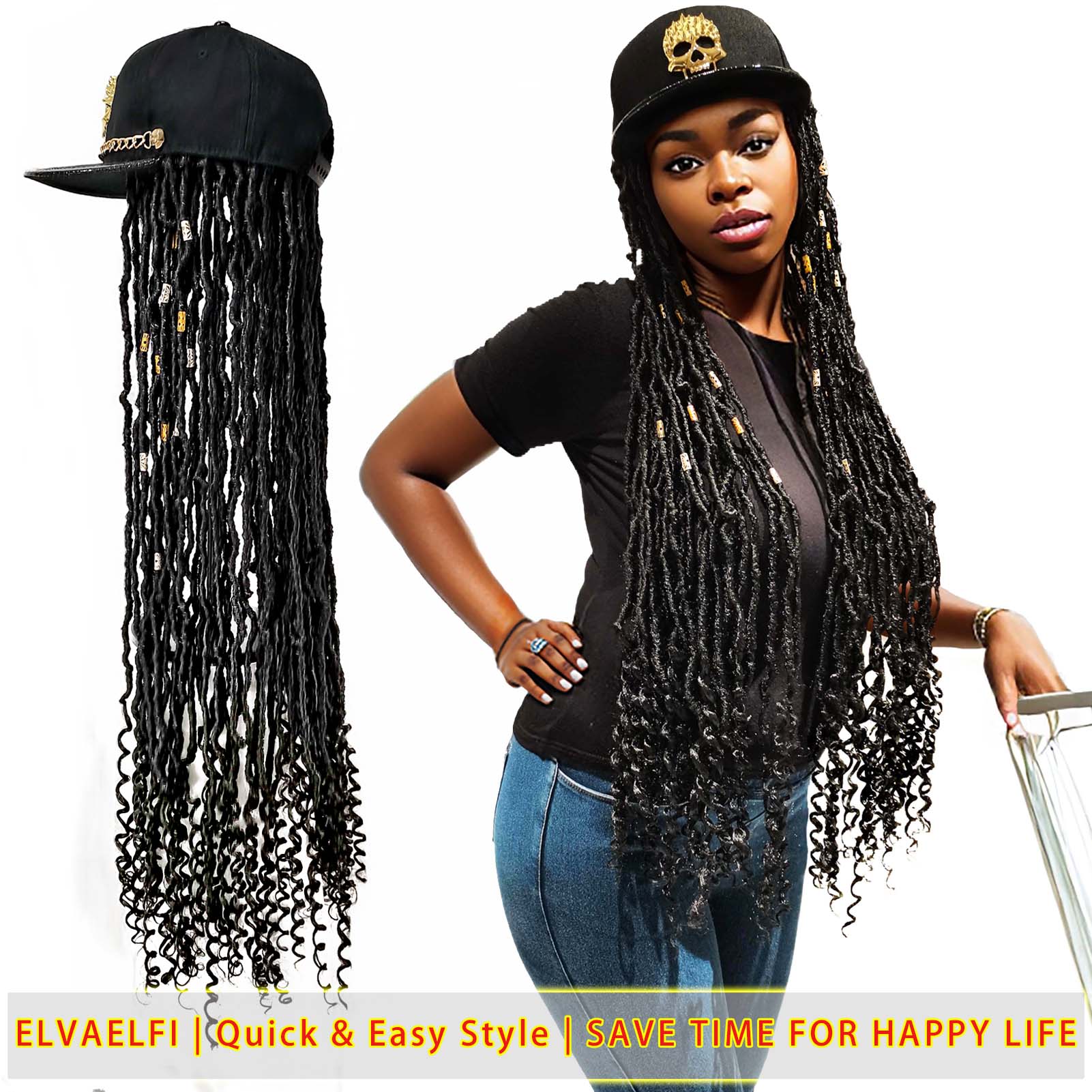 Golden Skull Flat Cap with Nu Locs Crochet Hair Curly Ends