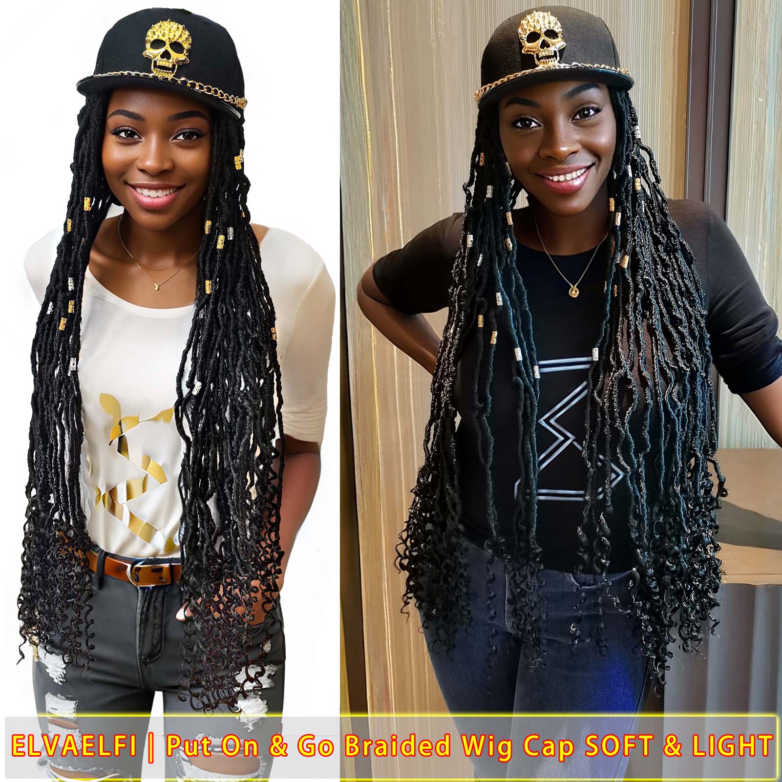 Golden Skull Flat Cap with Nu Locs Crochet Hair Curly Ends