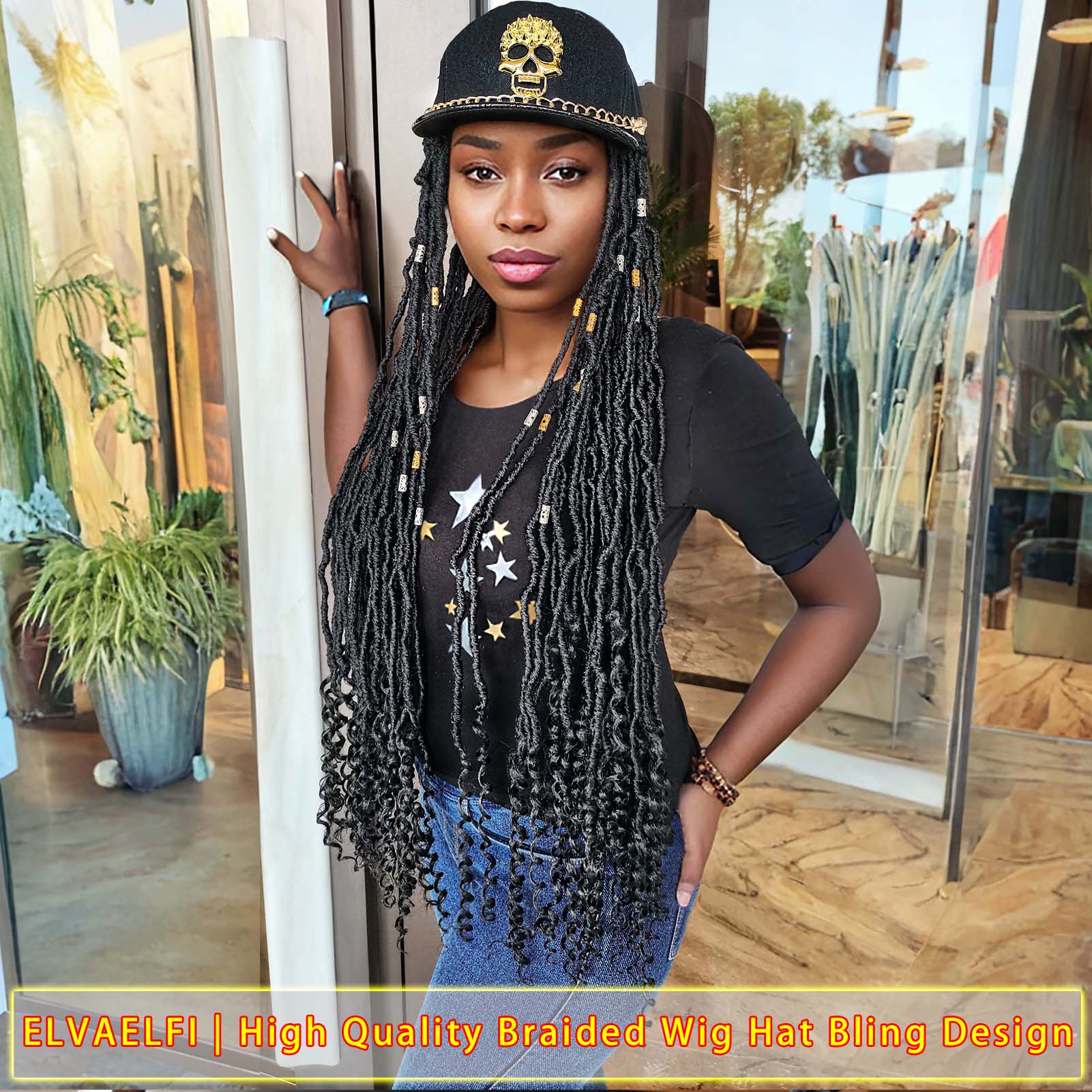 Golden Skull Flat Cap with Nu Locs Crochet Hair Curly Ends