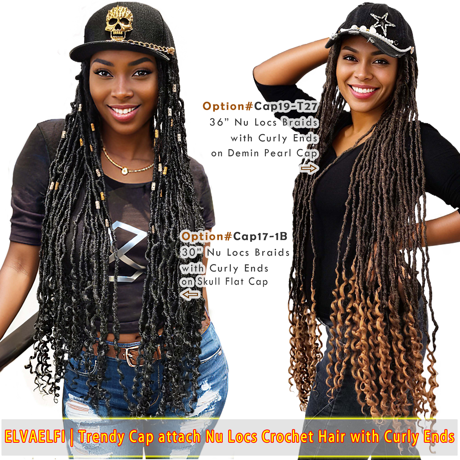 Golden Skull Flat Cap with Nu Locs Crochet Hair Curly Ends