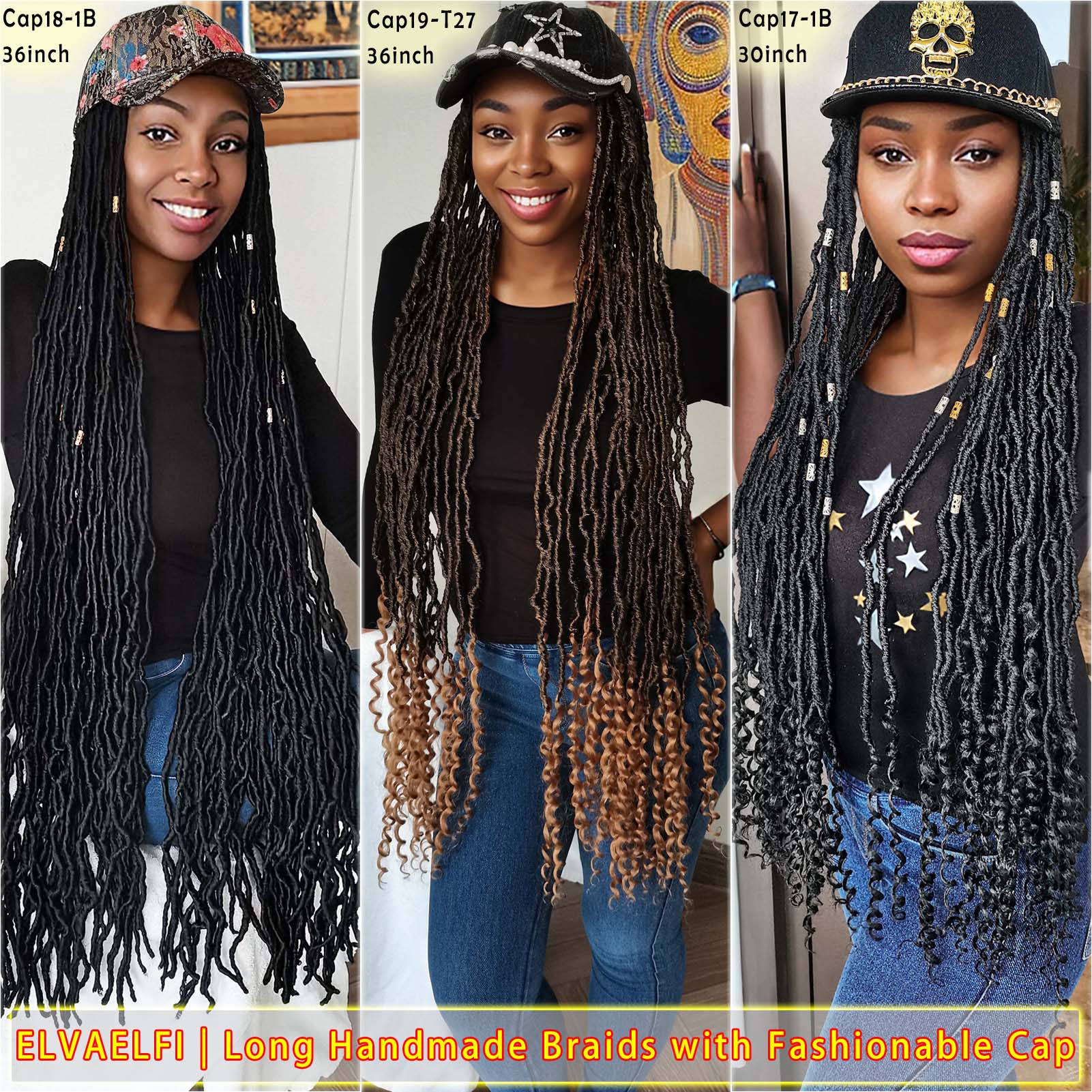 Distressed Denim Baseball Cap with Nu Locs Crochet Hair Curly Ends