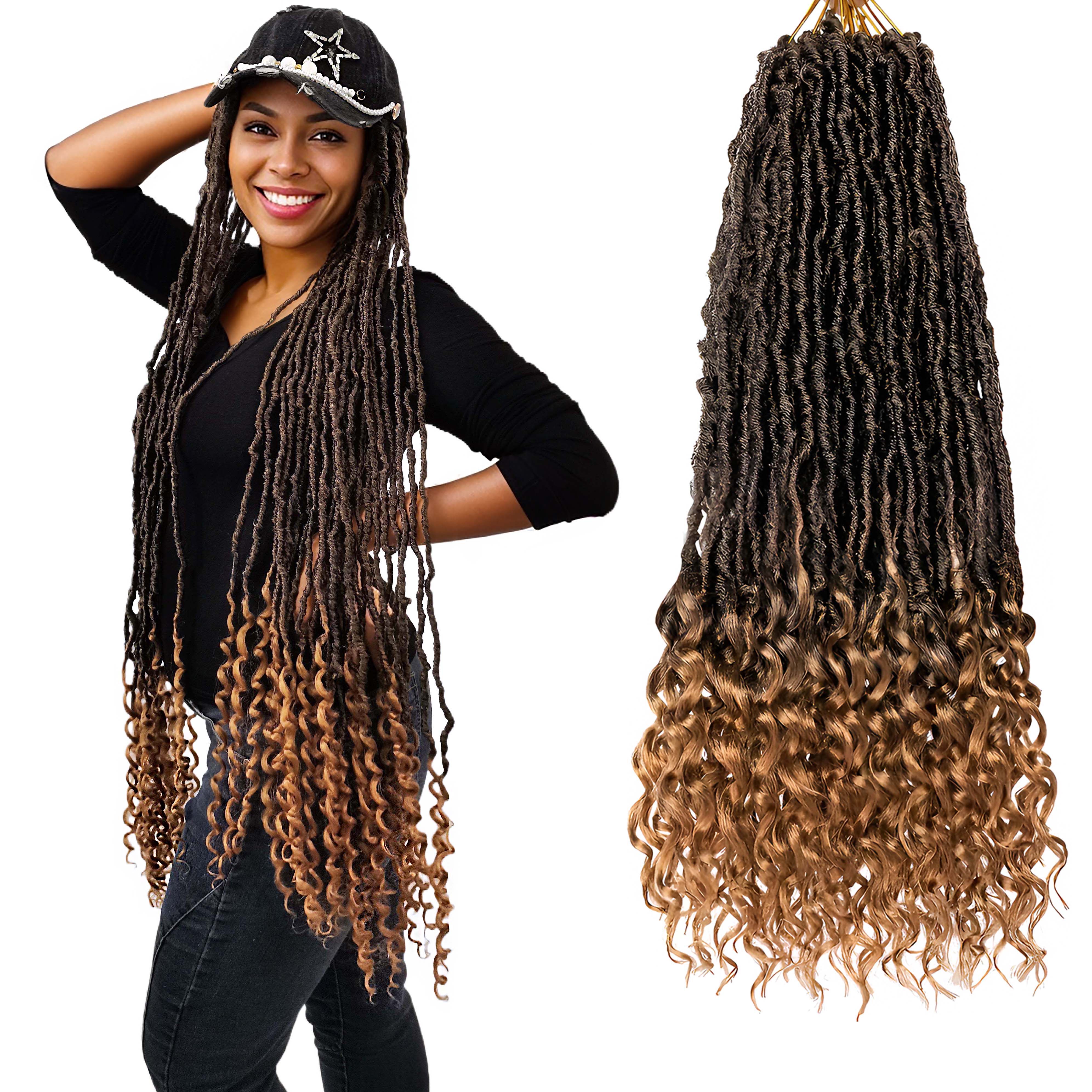 Distressed Denim Baseball Cap with Nu Locs Crochet Hair Curly Ends
