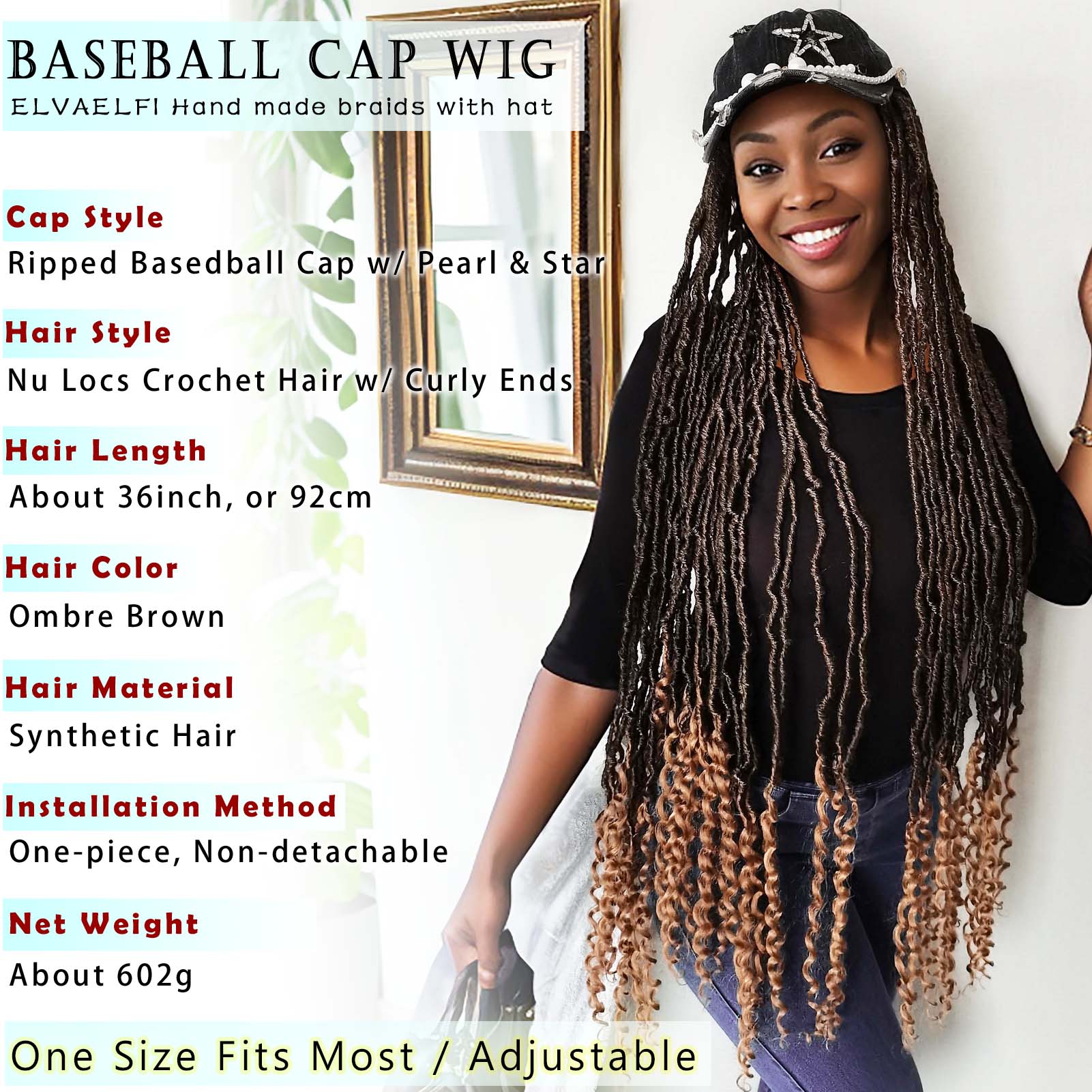 Distressed Denim Baseball Cap with Nu Locs Crochet Hair Curly Ends