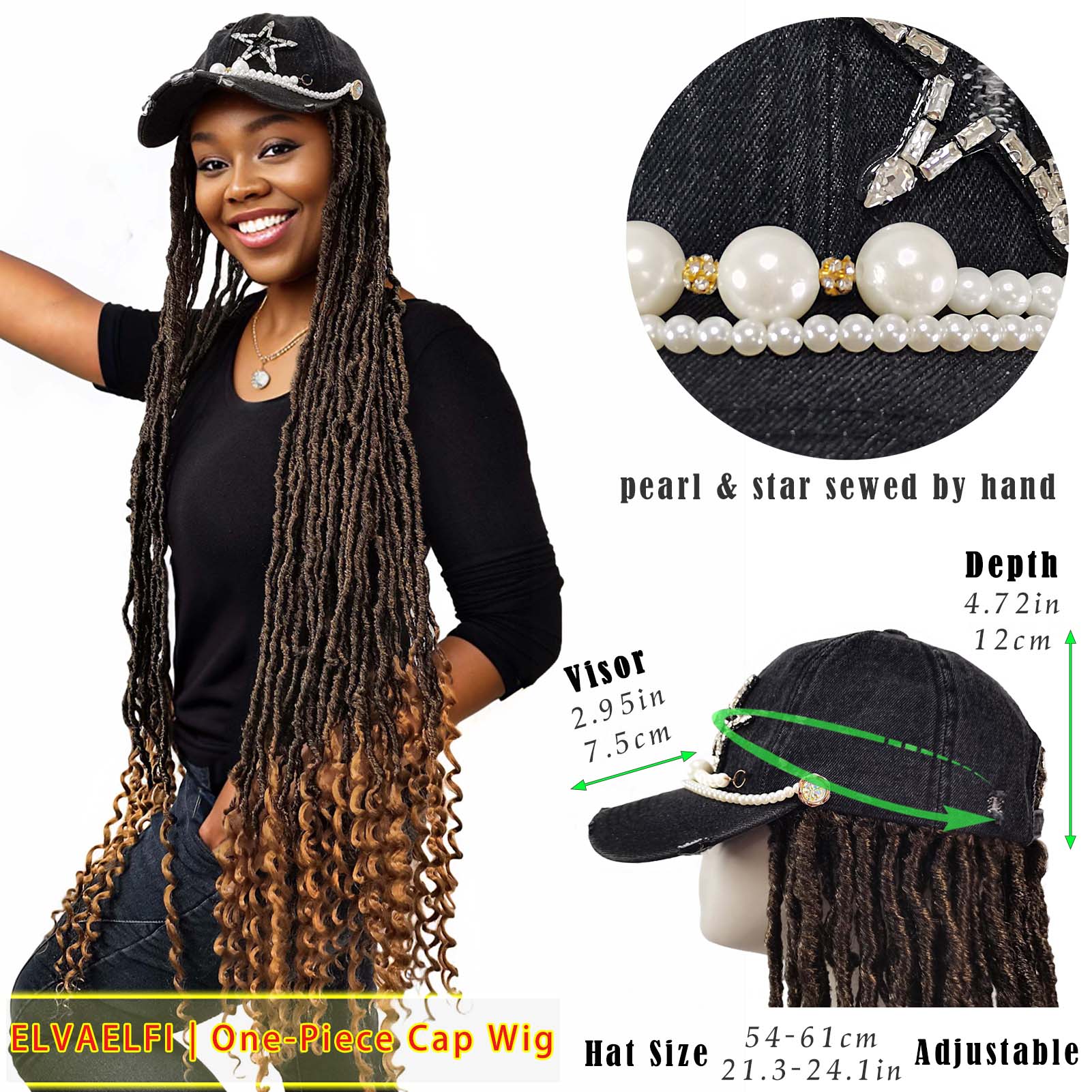 Distressed Denim Baseball Cap with Nu Locs Crochet Hair Curly Ends