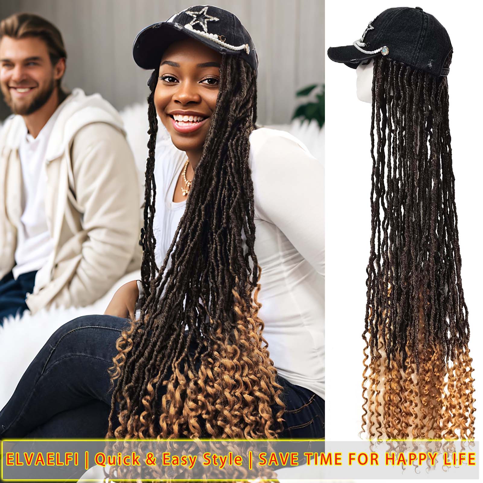 Distressed Denim Baseball Cap with Nu Locs Crochet Hair Curly Ends
