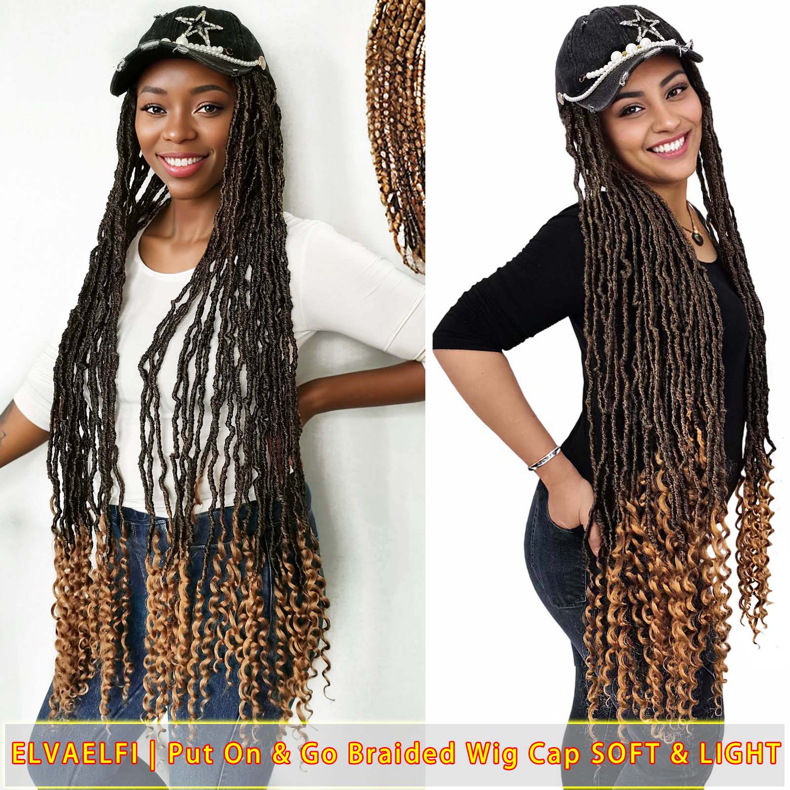 Distressed Denim Baseball Cap with Nu Locs Crochet Hair Curly Ends