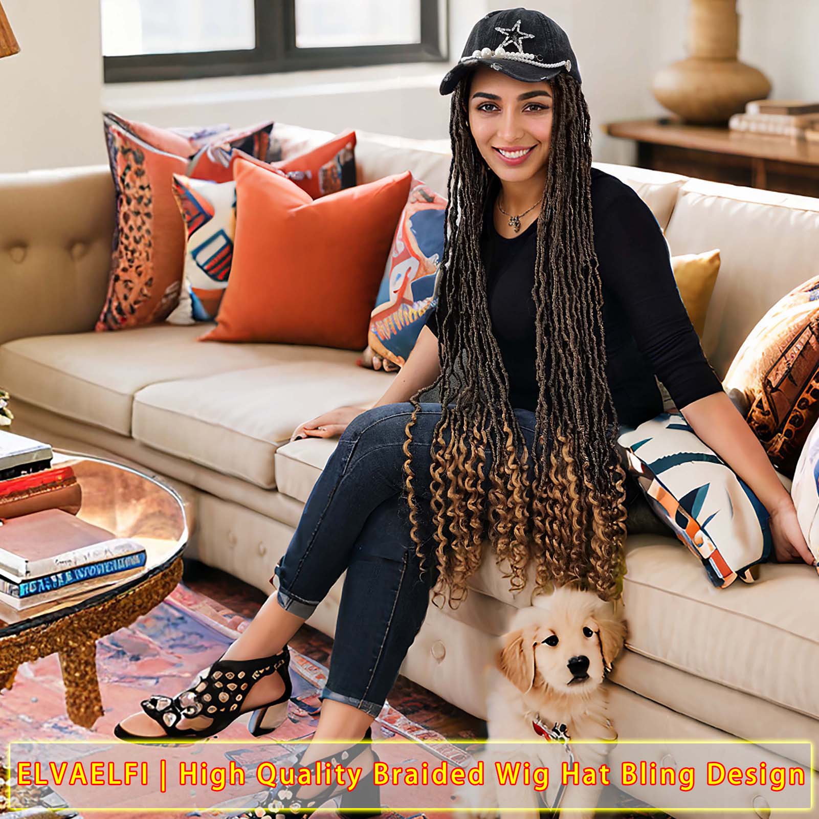 Distressed Denim Baseball Cap with Nu Locs Crochet Hair Curly Ends