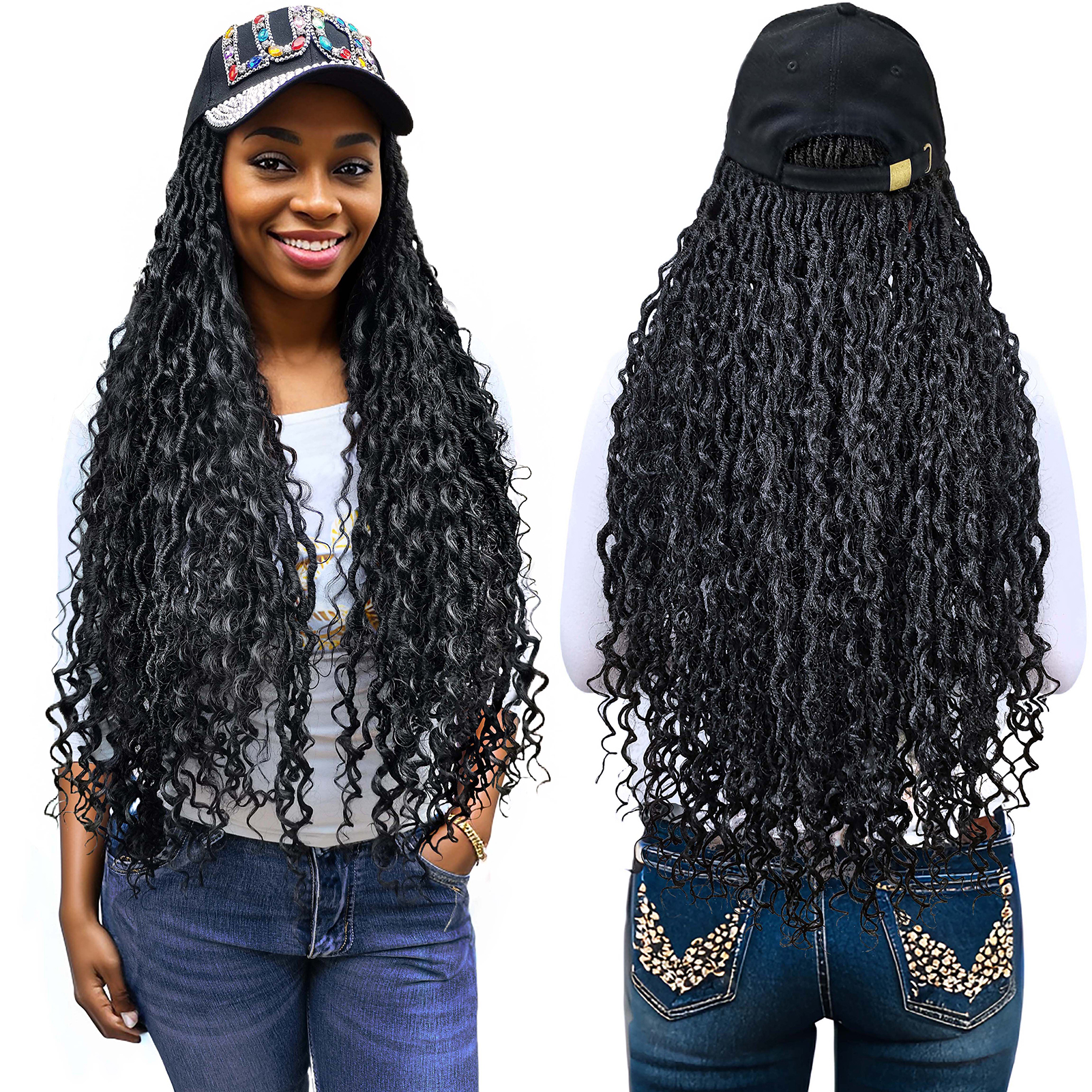 Colorful 'LUCK' Baseball Cap with Boho Goddess River Locs Hair