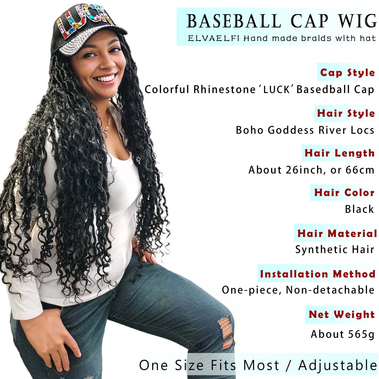 Colorful 'LUCK' Baseball Cap with Boho Goddess River Locs Hair